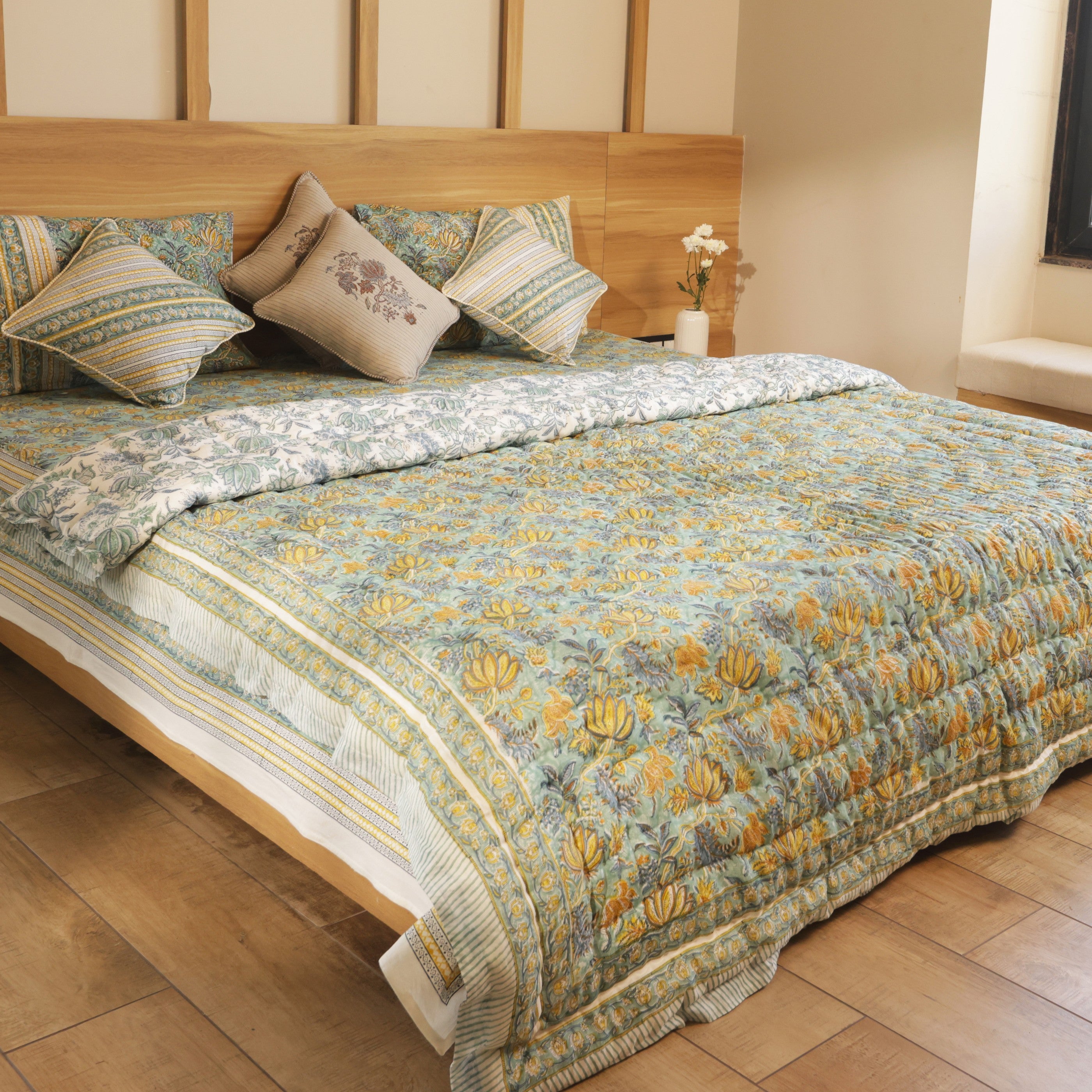Green Lotus Bedding Collection Set of 8  (1 Bedcover, 2 Pillow cover, 1 Quilt, 2 Cotton cushion covers, 2 Linen Cushion covers)