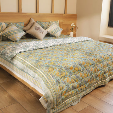Green Lotus Bedding Collection Set of 8  (1 Bedcover, 2 Pillow cover, 1 Quilt, 2 Cotton cushion covers, 2 Linen Cushion covers)