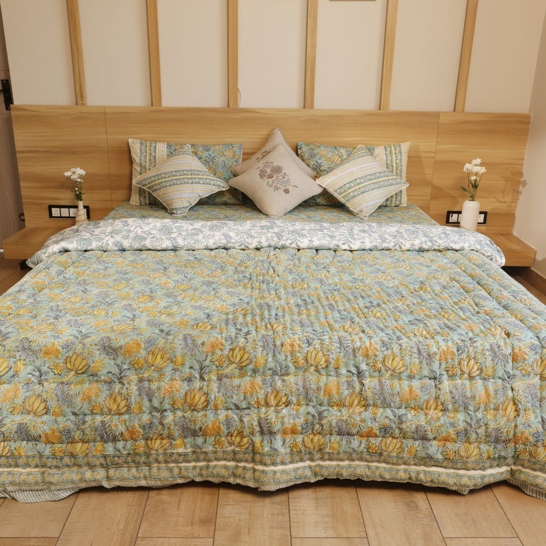Green Lotus Bedding Collection Set of 8  (1 Bedcover, 2 Pillow cover, 1 Quilt, 2 Cotton cushion covers, 2 Linen Cushion covers)