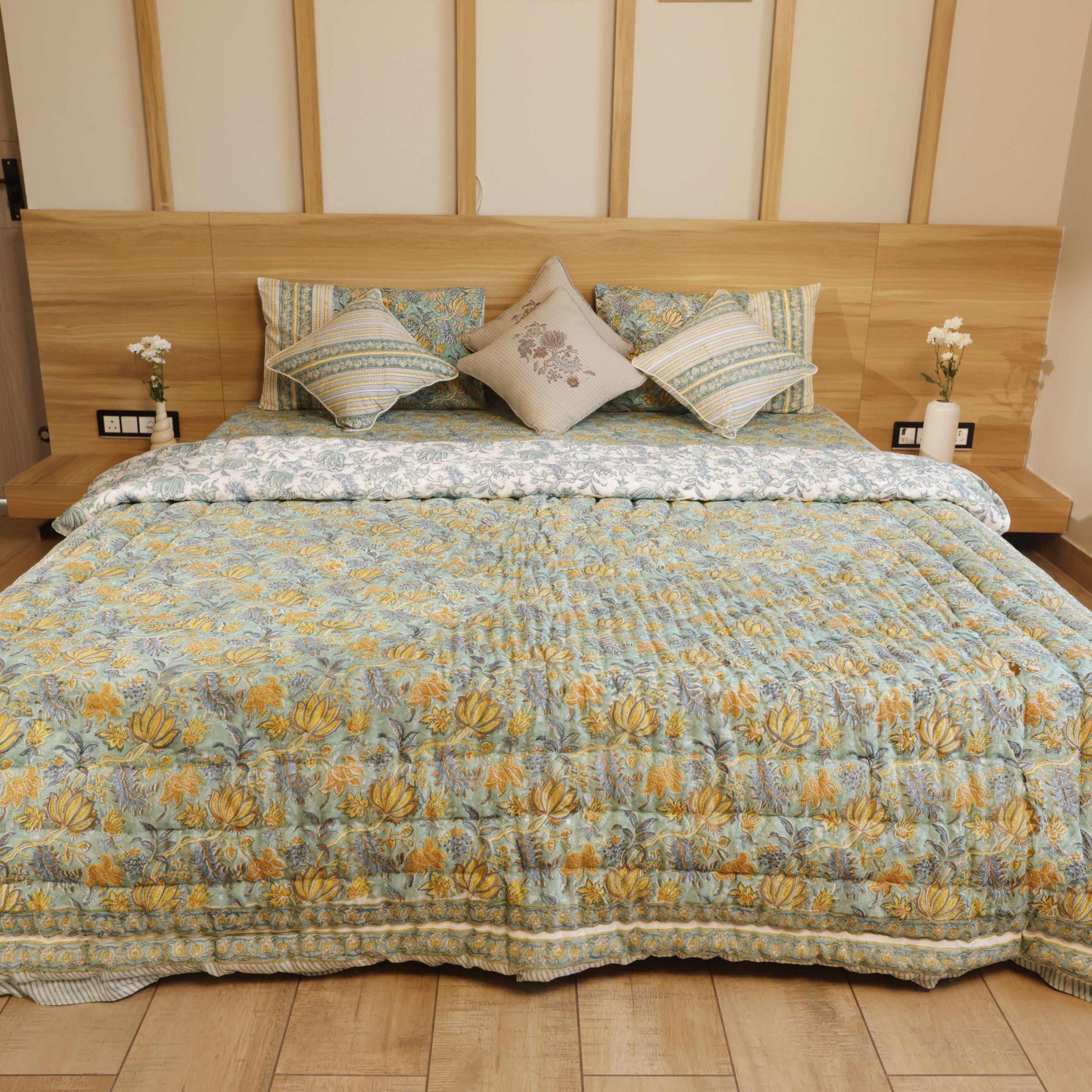Green Lotus Bedding Collection Set of 8  (1 Bedcover, 2 Pillow cover, 1 Quilt, 2 Cotton cushion covers, 2 Linen Cushion covers)