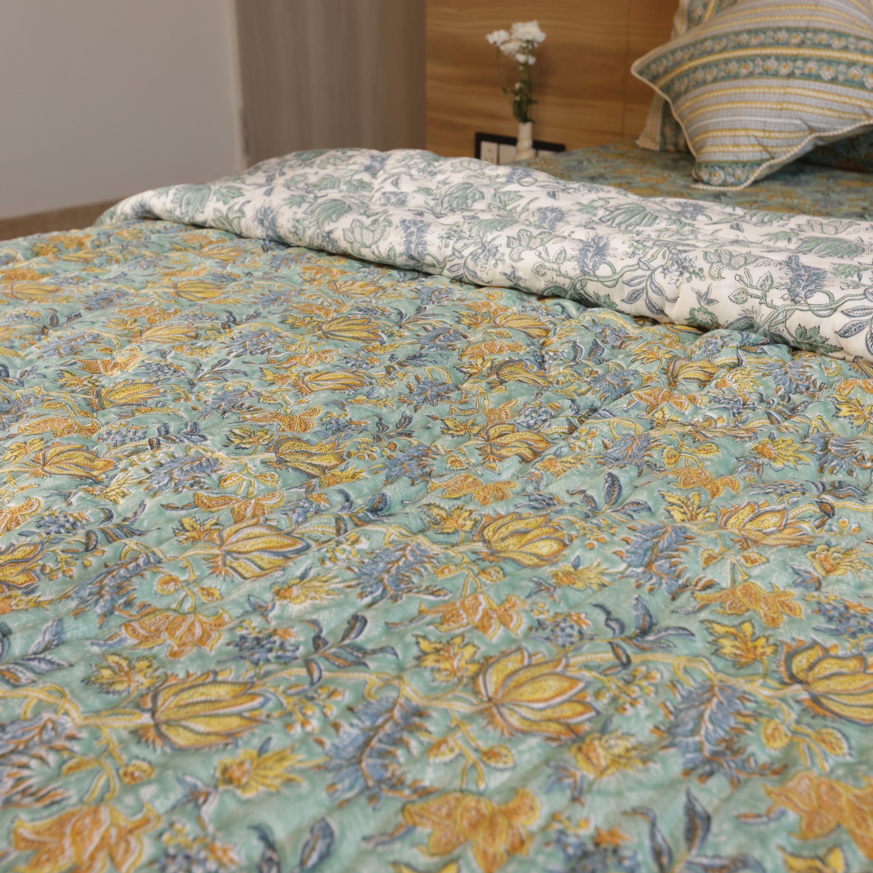 Green Lotus Bedding Collection Set of 8  (1 Bedcover, 2 Pillow cover, 1 Quilt, 2 Cotton cushion covers, 2 Linen Cushion covers)