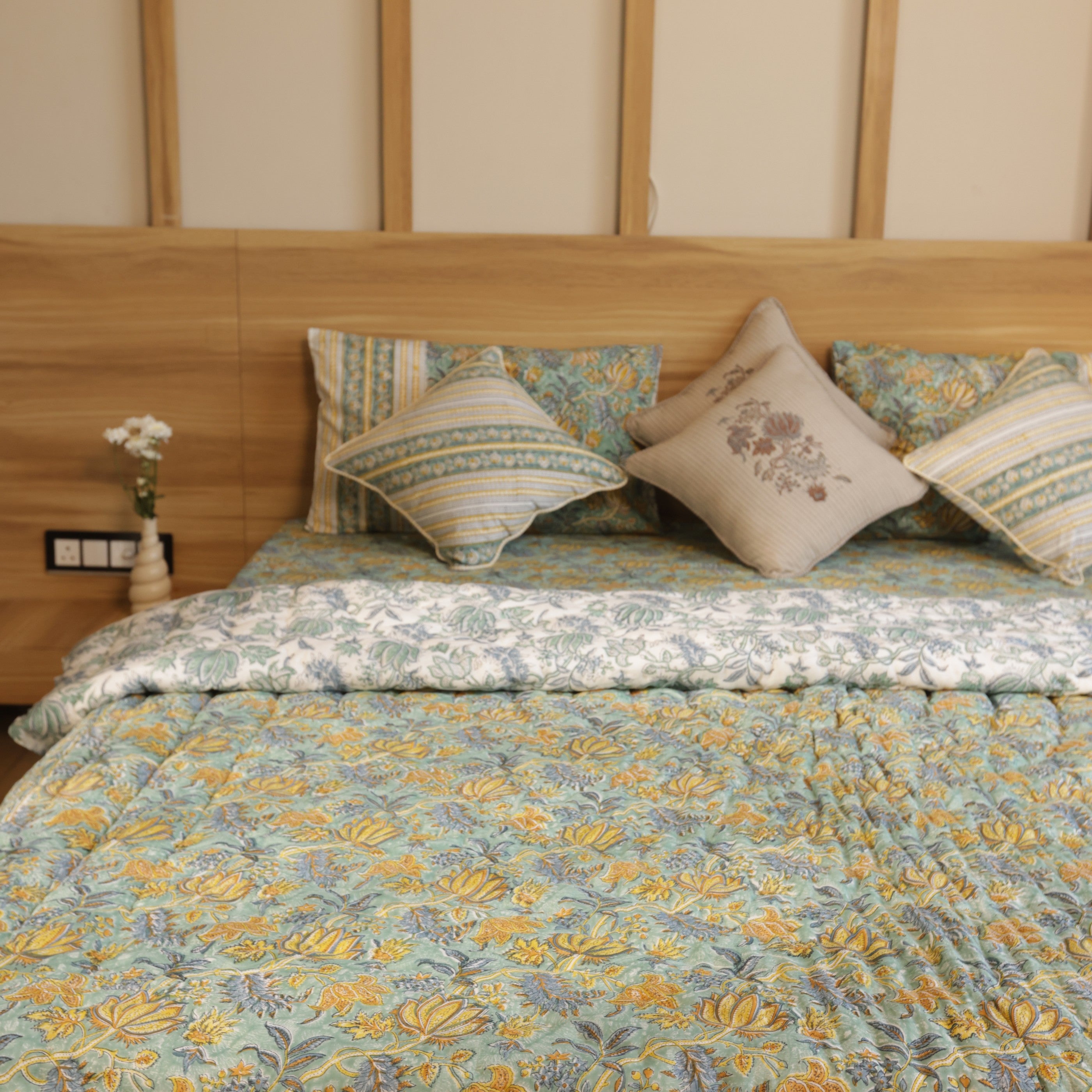 Green Lotus Bedding Collection Set of 8  (1 Bedcover, 2 Pillow cover, 1 Quilt, 2 Cotton cushion covers, 2 Linen Cushion covers)