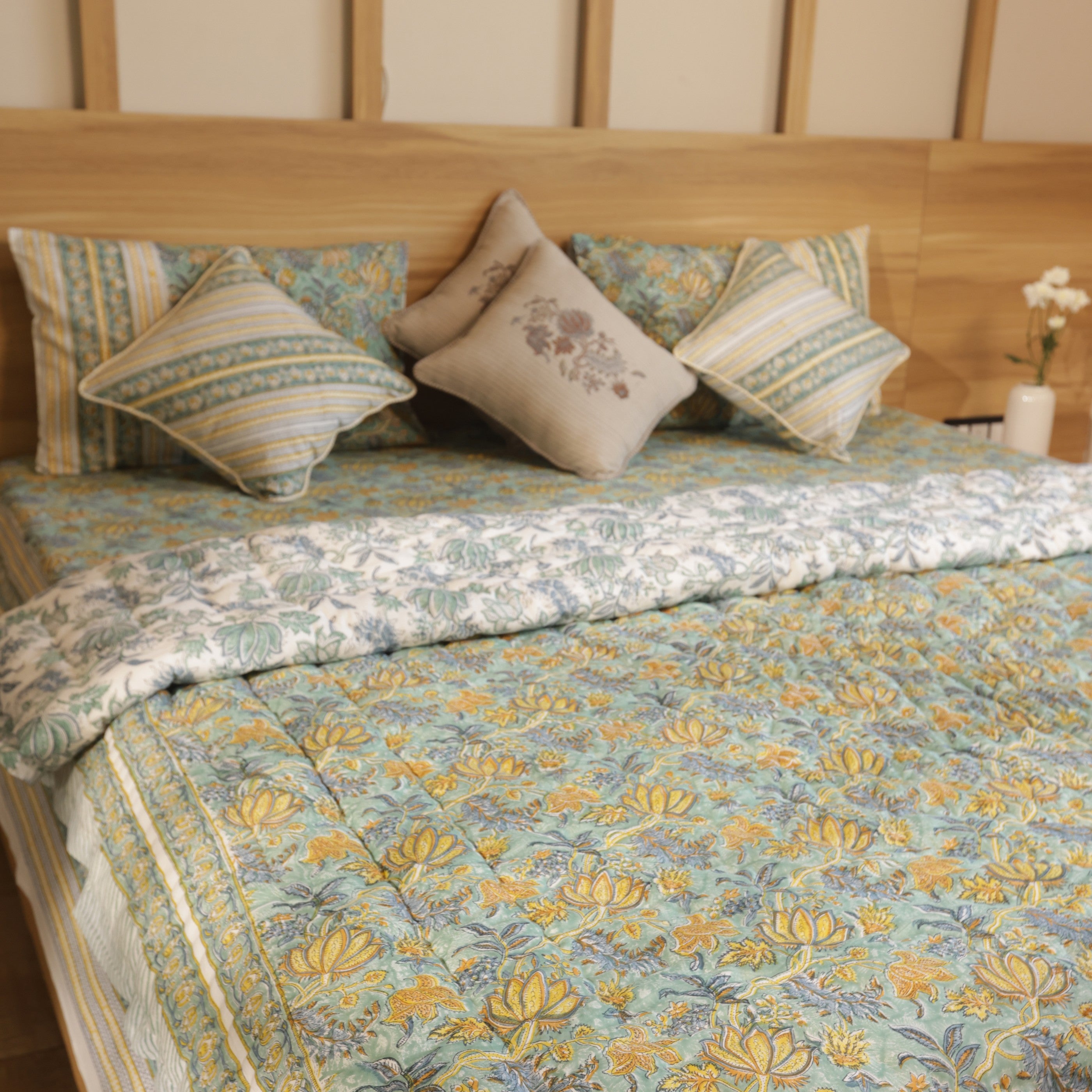 Green Lotus Bedding Collection Set of 8  (1 Bedcover, 2 Pillow cover, 1 Quilt, 2 Cotton cushion covers, 2 Linen Cushion covers)