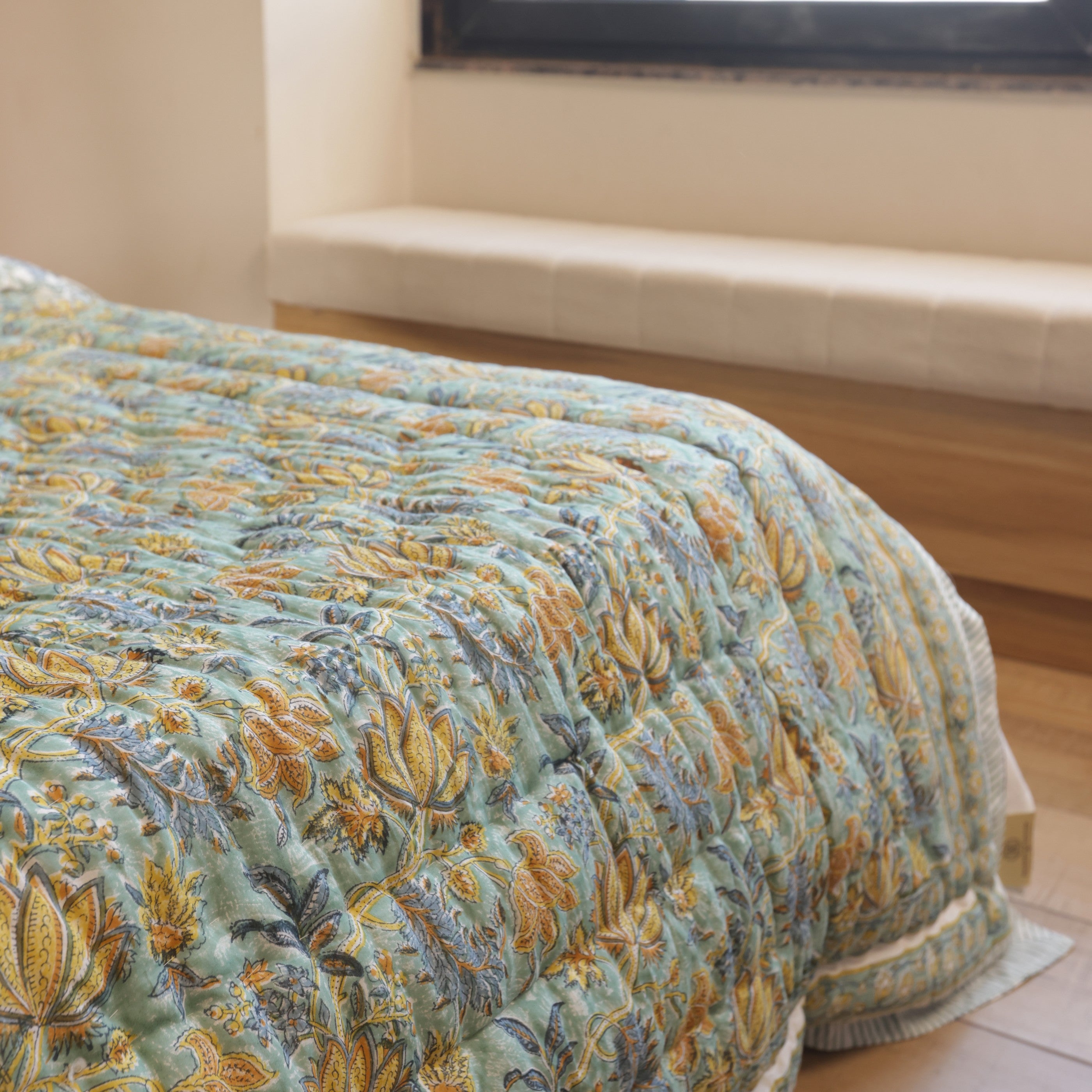 Green Lotus Bedding Collection Set of 8  (1 Bedcover, 2 Pillow cover, 1 Quilt, 2 Cotton cushion covers, 2 Linen Cushion covers)