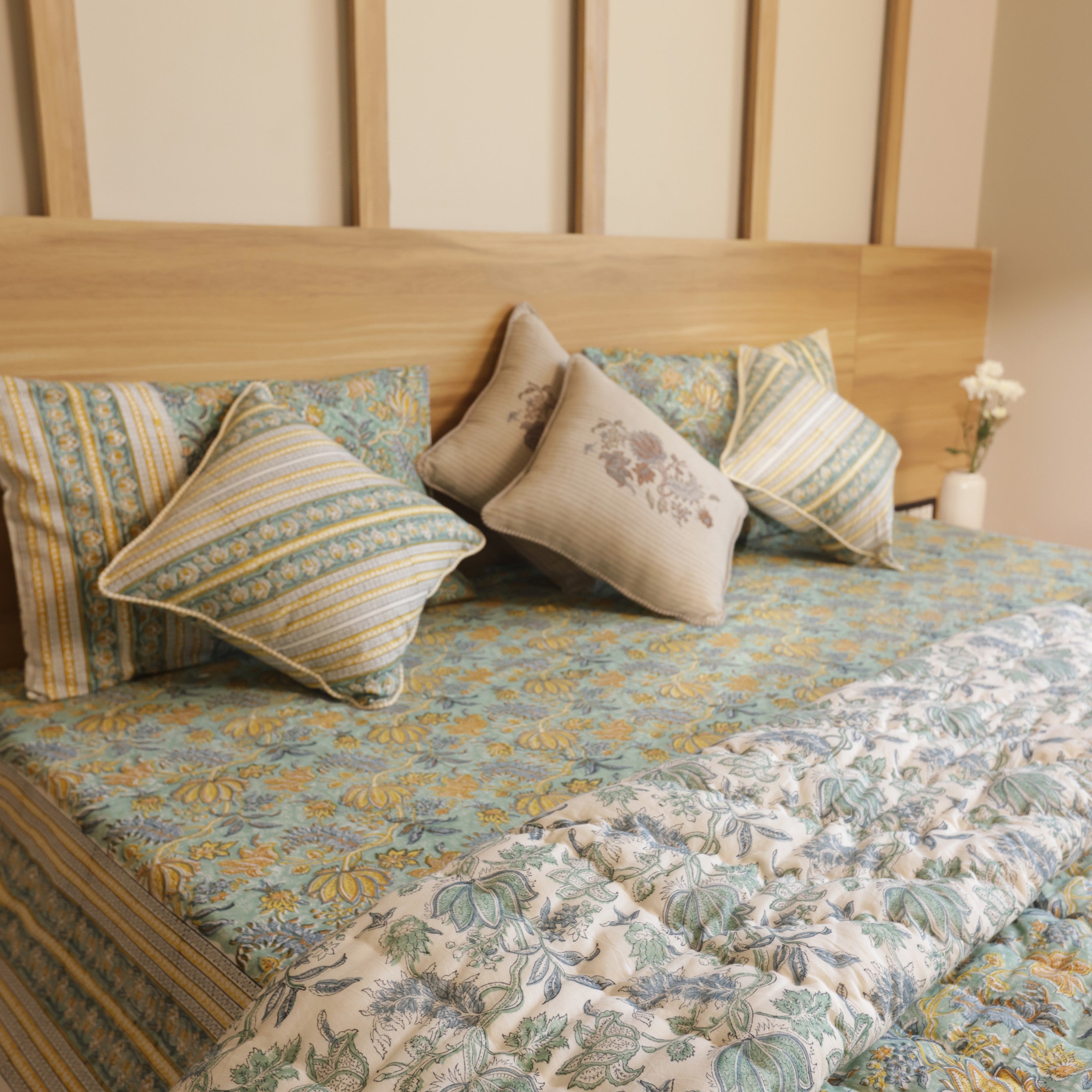 Green Lotus Bedding Collection Set of 8  (1 Bedcover, 2 Pillow cover, 1 Quilt, 2 Cotton cushion covers, 2 Linen Cushion covers)