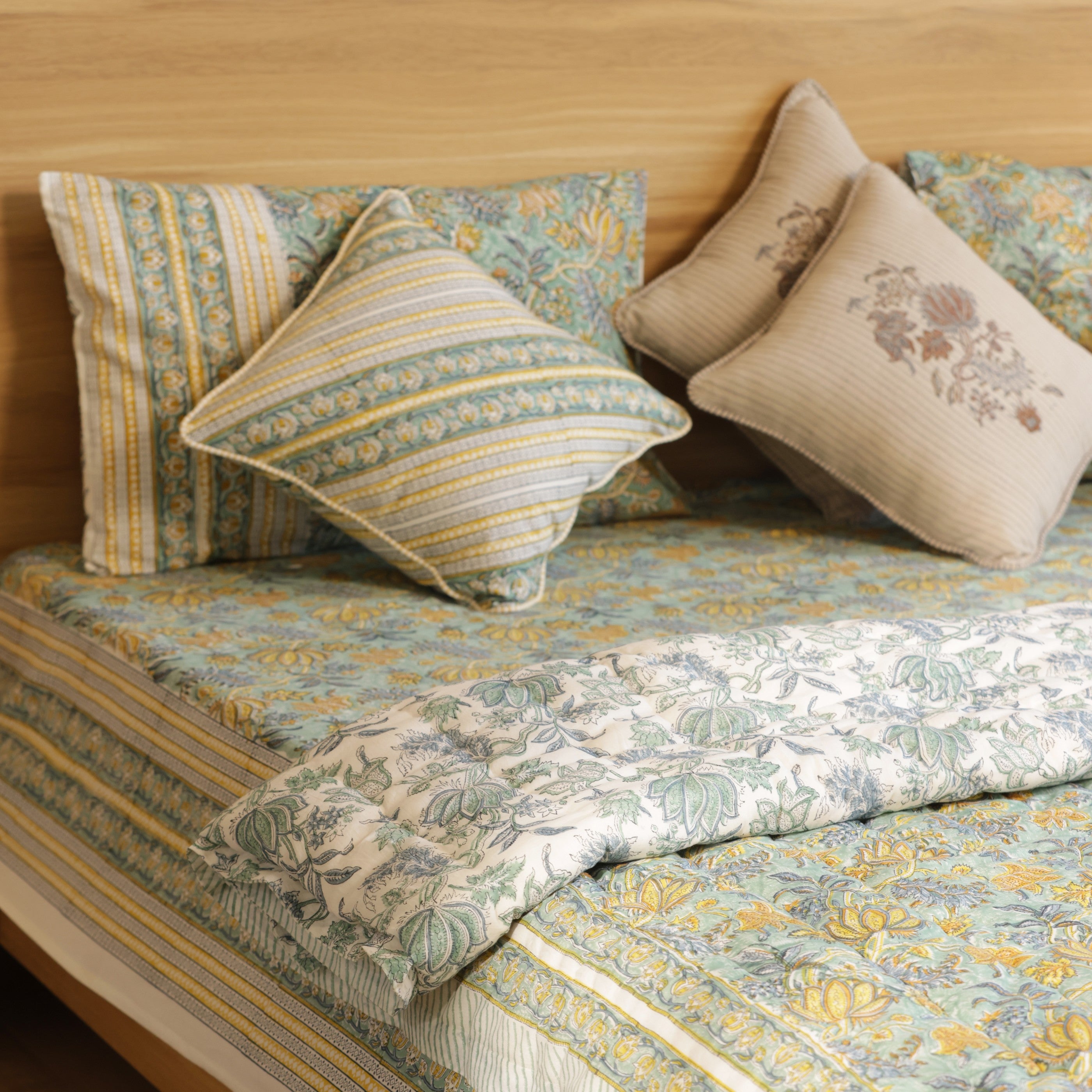 Green Lotus Bedding Collection Set of 8  (1 Bedcover, 2 Pillow cover, 1 Quilt, 2 Cotton cushion covers, 2 Linen Cushion covers)