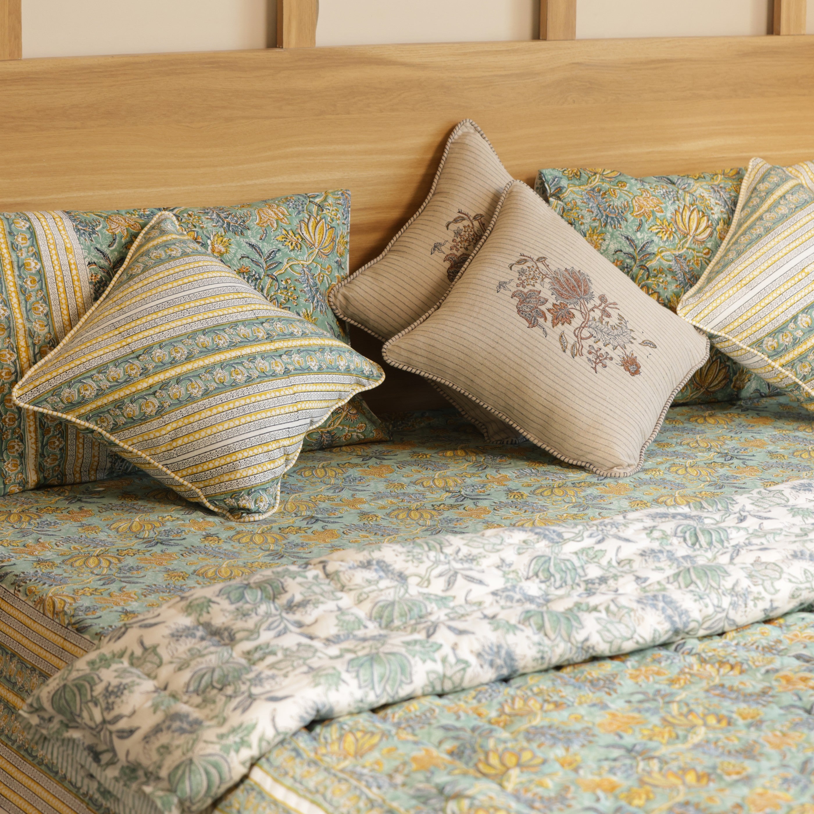 Green Lotus Bedding Collection Set of 8  (1 Bedcover, 2 Pillow cover, 1 Quilt, 2 Cotton cushion covers, 2 Linen Cushion covers)