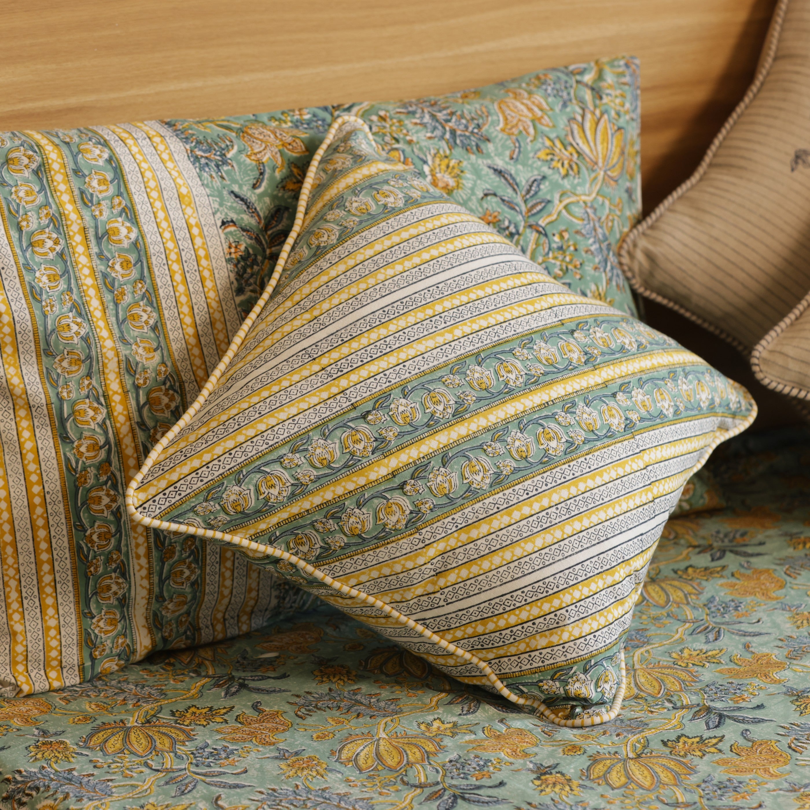 Green Lotus Bedding Collection Set of 8  (1 Bedcover, 2 Pillow cover, 1 Quilt, 2 Cotton cushion covers, 2 Linen Cushion covers)