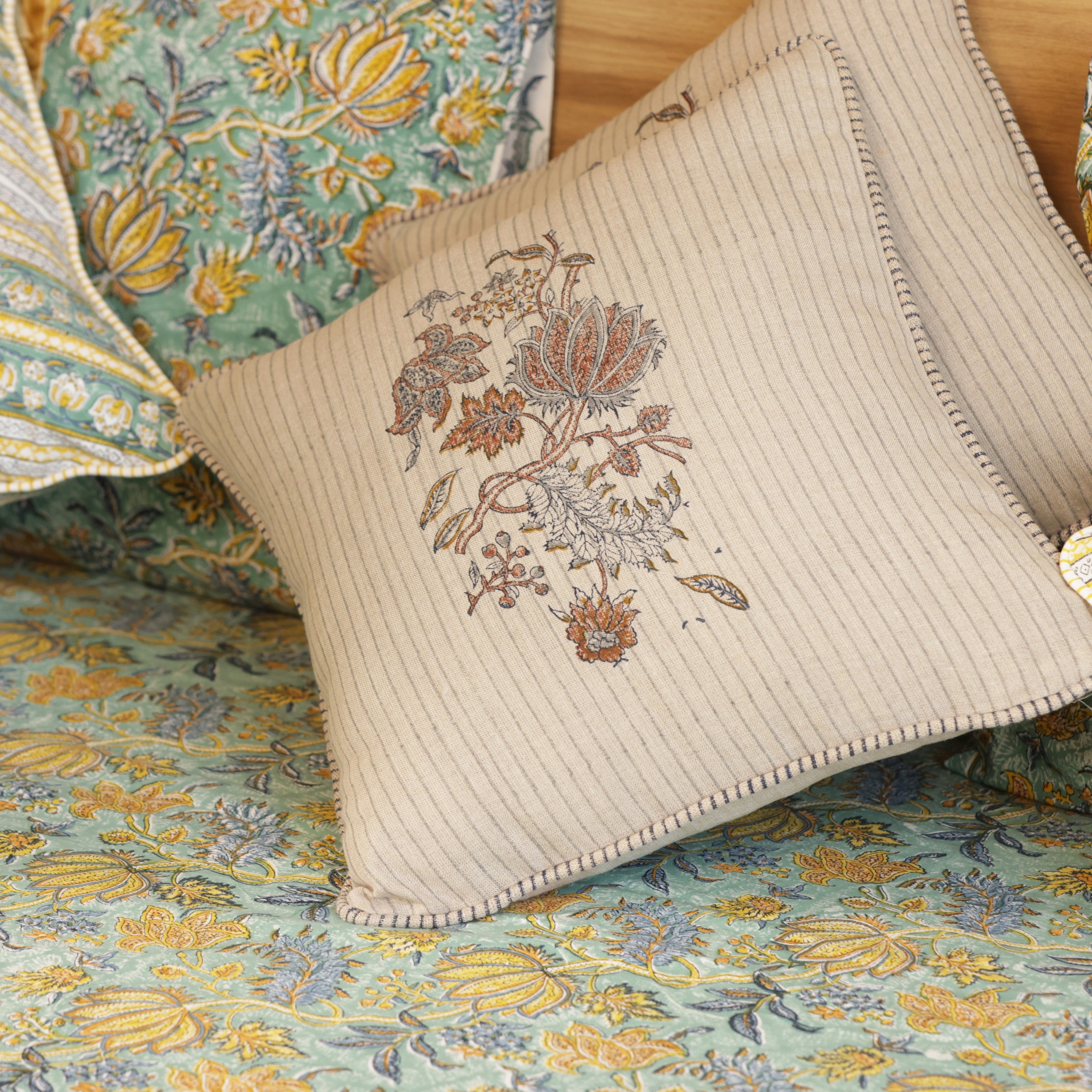 Green Lotus Bedding Collection Set of 8  (1 Bedcover, 2 Pillow cover, 1 Quilt, 2 Cotton cushion covers, 2 Linen Cushion covers)