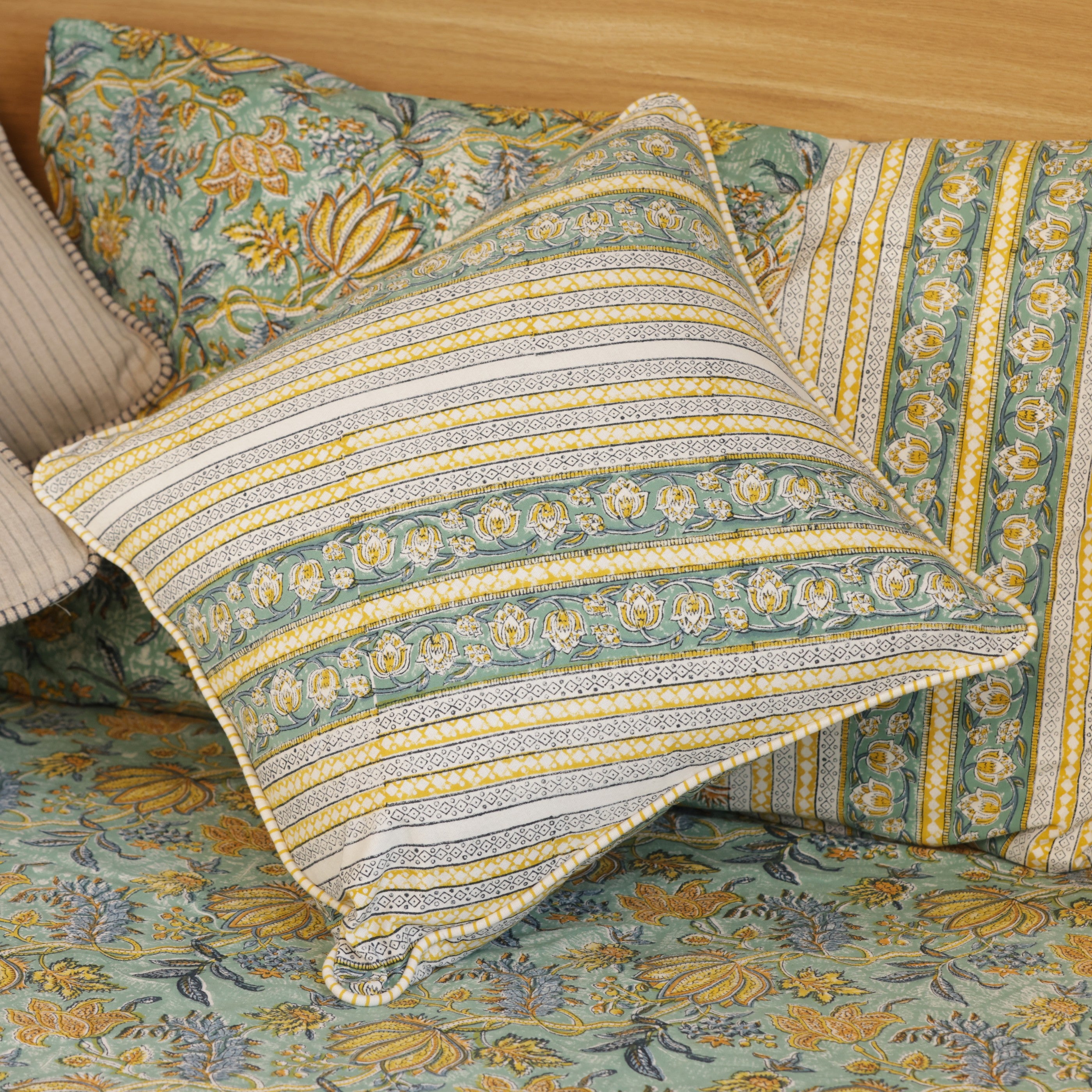 Green Lotus Bedding Collection Set of 8  (1 Bedcover, 2 Pillow cover, 1 Quilt, 2 Cotton cushion covers, 2 Linen Cushion covers)