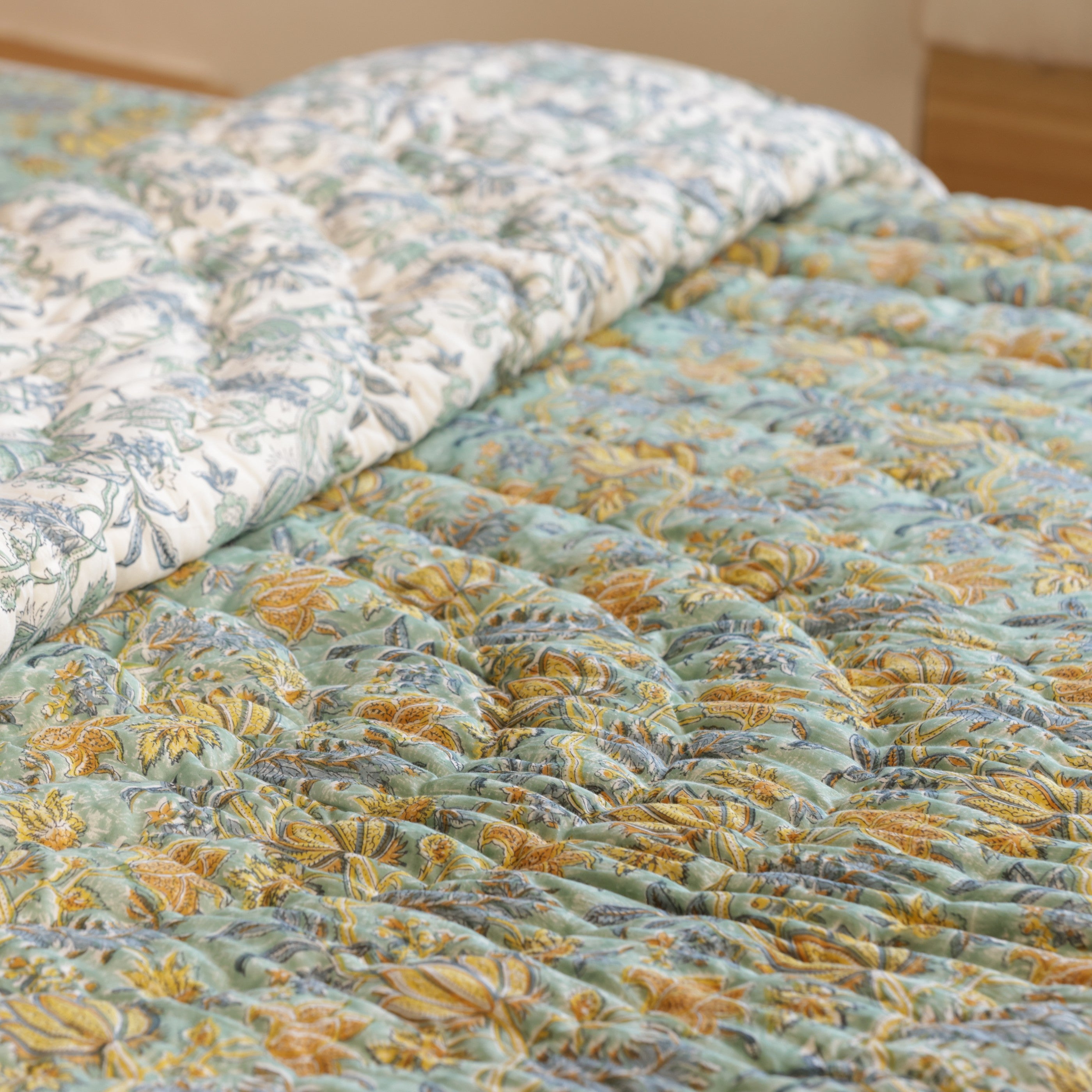 Green Lotus Bedding Collection Set of 8  (1 Bedcover, 2 Pillow cover, 1 Quilt, 2 Cotton cushion covers, 2 Linen Cushion covers)