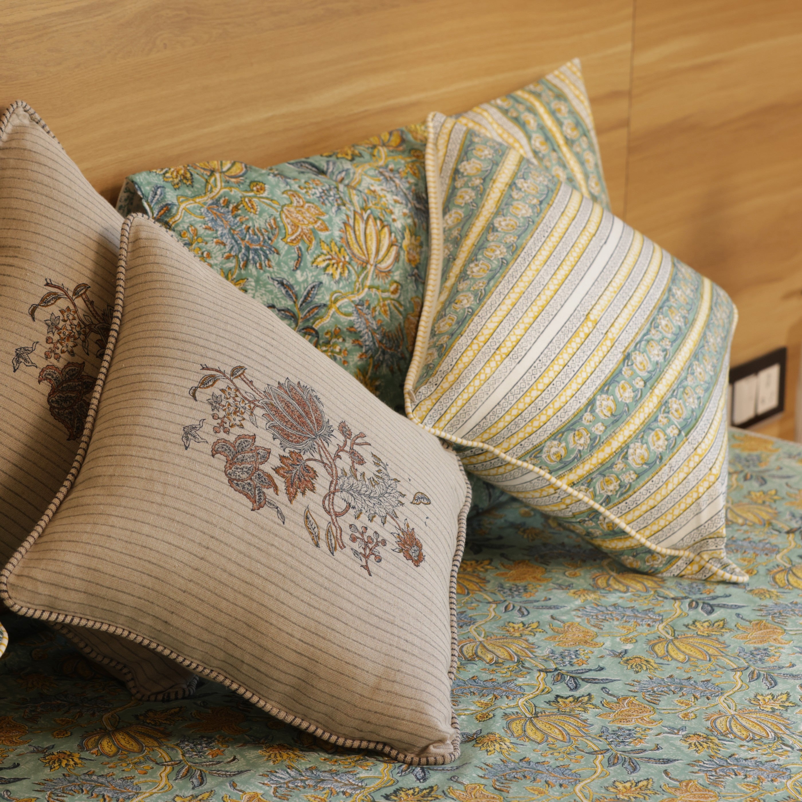 Green Lotus Bedding Collection Set of 8  (1 Bedcover, 2 Pillow cover, 1 Quilt, 2 Cotton cushion covers, 2 Linen Cushion covers)
