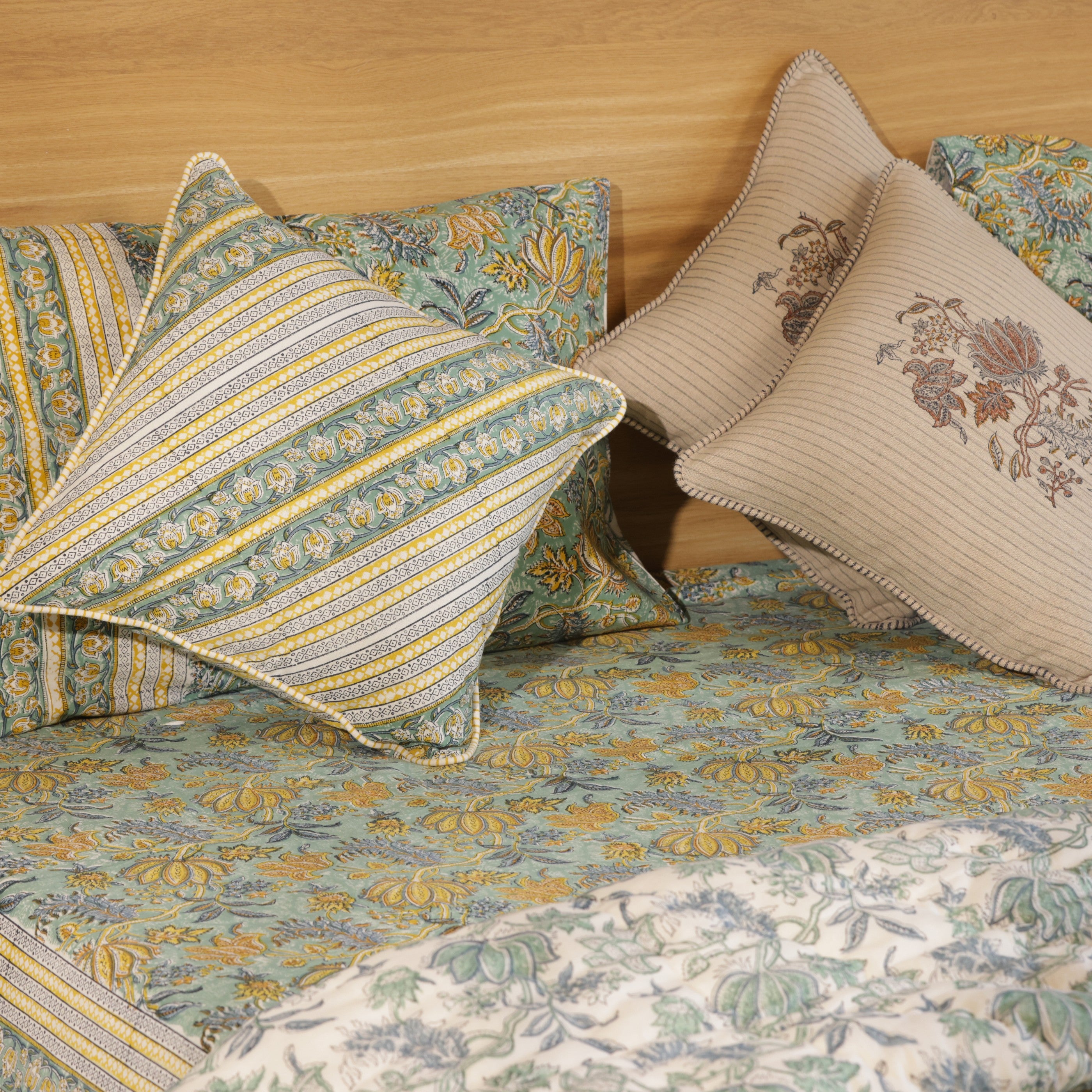 Green Lotus Bedding Collection Set of 8  (1 Bedcover, 2 Pillow cover, 1 Quilt, 2 Cotton cushion covers, 2 Linen Cushion covers)