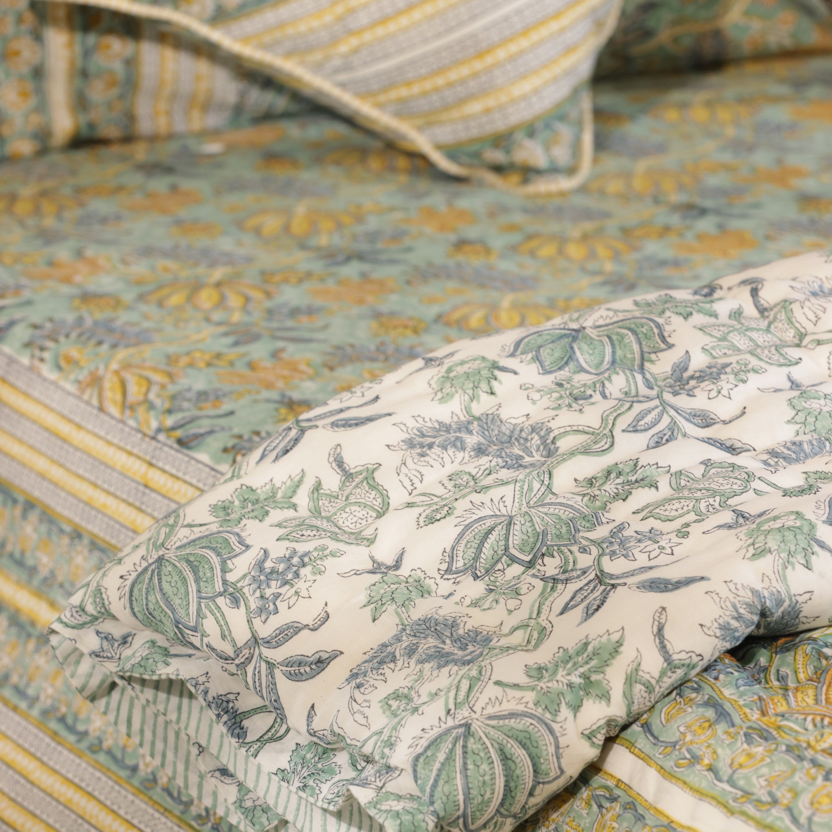 Green Lotus Bedding Collection Set of 8  (1 Bedcover, 2 Pillow cover, 1 Quilt, 2 Cotton cushion covers, 2 Linen Cushion covers)