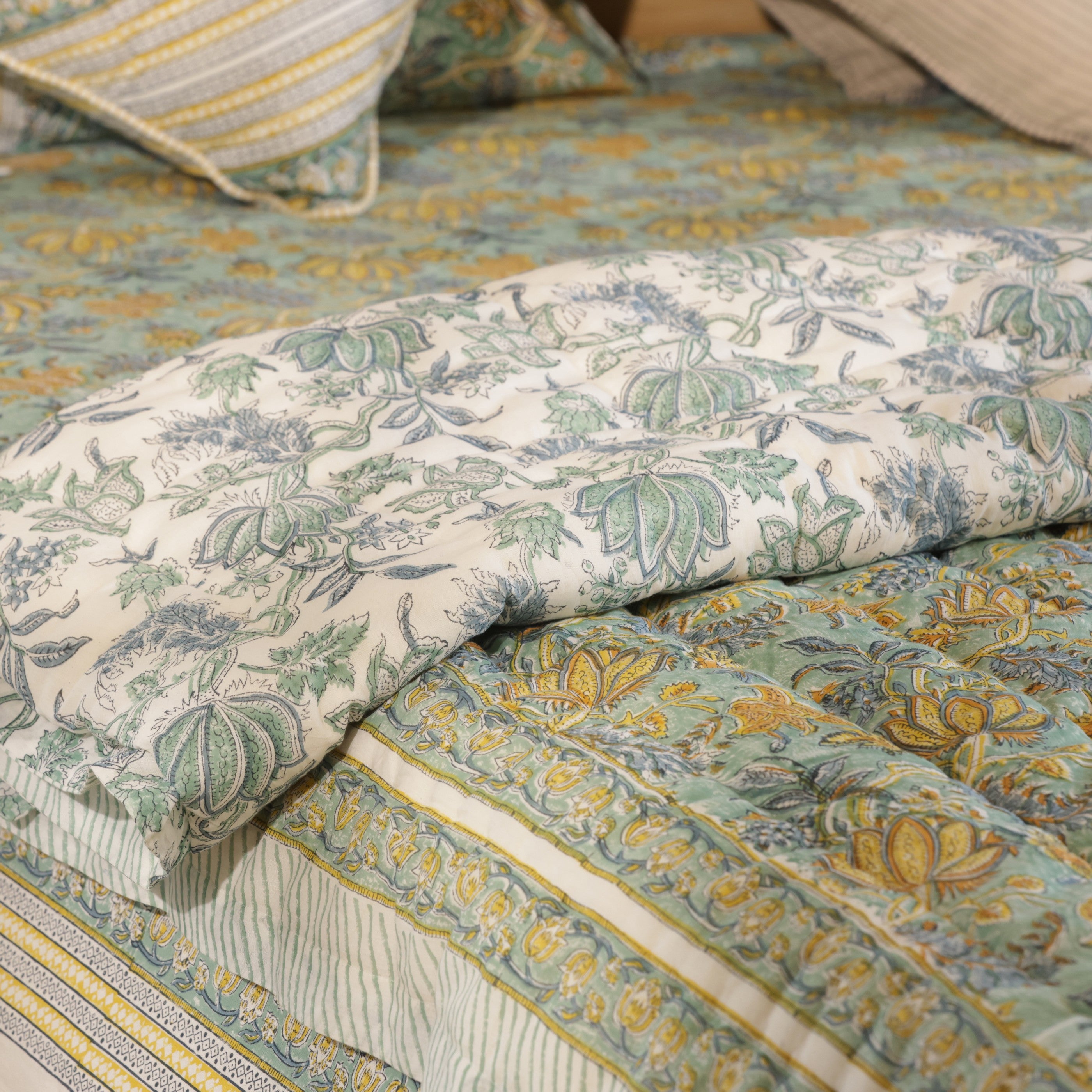 Green Lotus Bedding Collection Set of 8  (1 Bedcover, 2 Pillow cover, 1 Quilt, 2 Cotton cushion covers, 2 Linen Cushion covers)