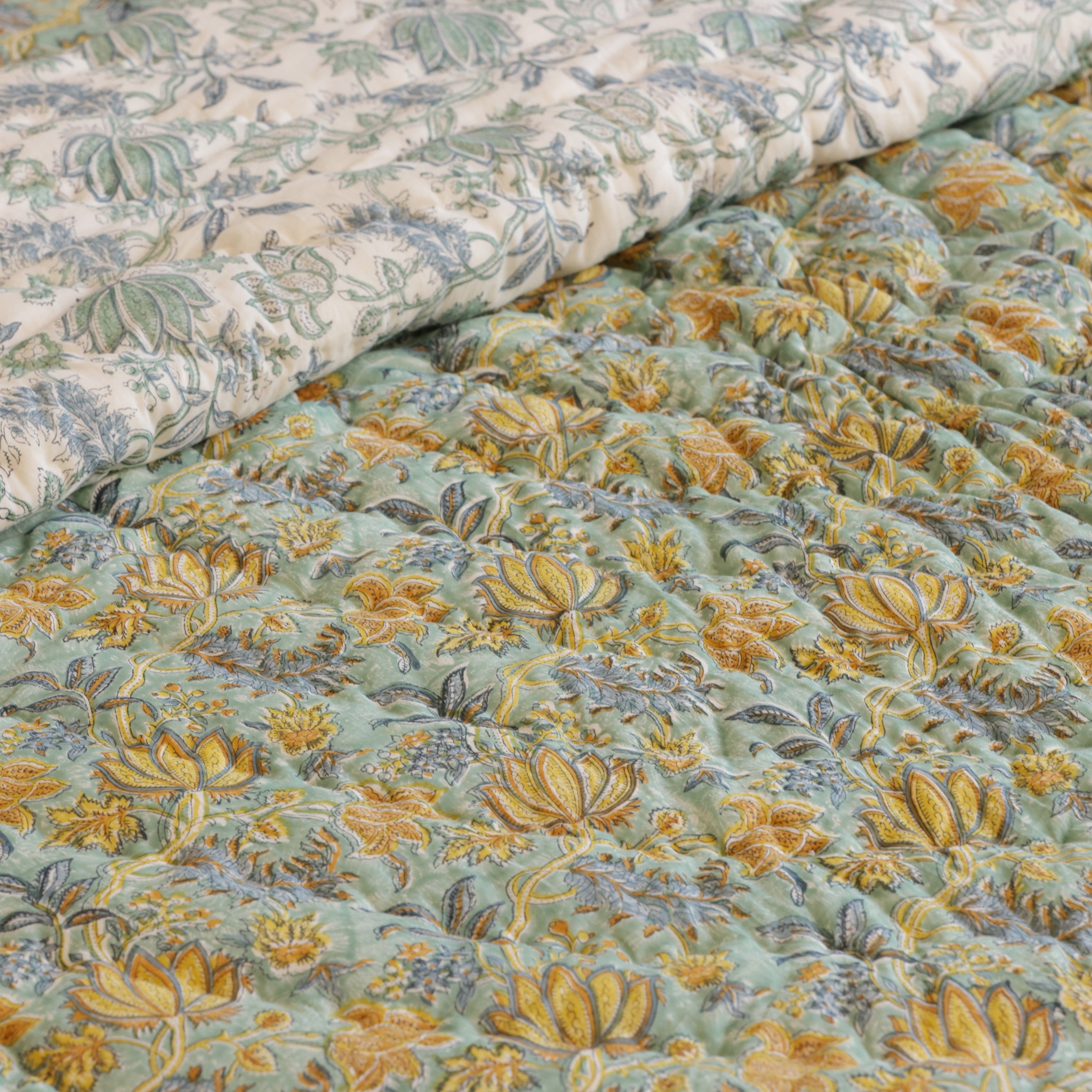 Green Lotus Bedding Collection Set of 8  (1 Bedcover, 2 Pillow cover, 1 Quilt, 2 Cotton cushion covers, 2 Linen Cushion covers)