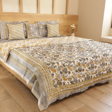 Golden Lotus Bedding Collection Set of 8 (1 Bedcover, 2 Pillow cover, 1 Quilt, 2+2 Cotton cushion covers)