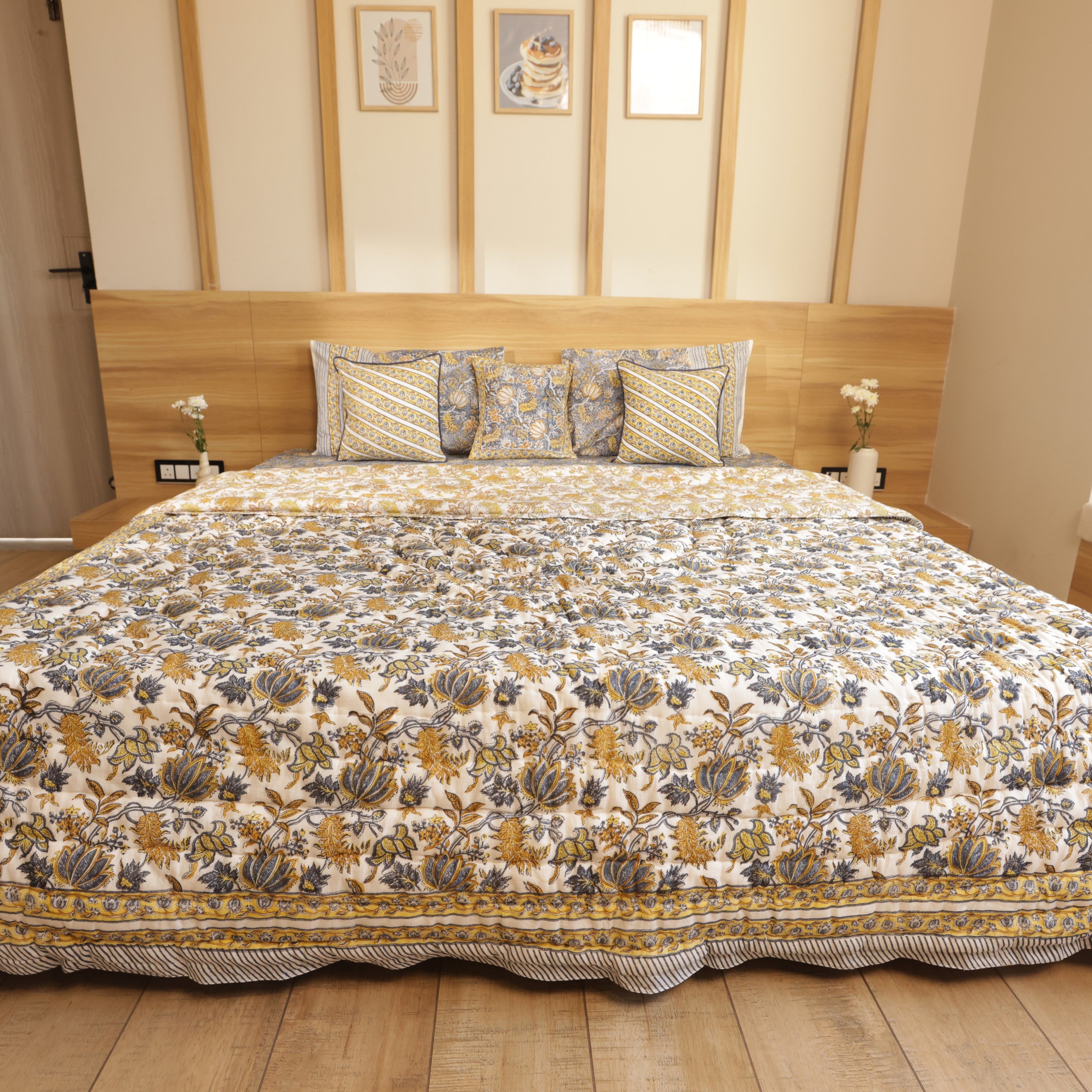 Golden Lotus Bedding Collection Set of 8 (1 Bedcover, 2 Pillow cover, 1 Quilt, 2+2 Cotton cushion covers)