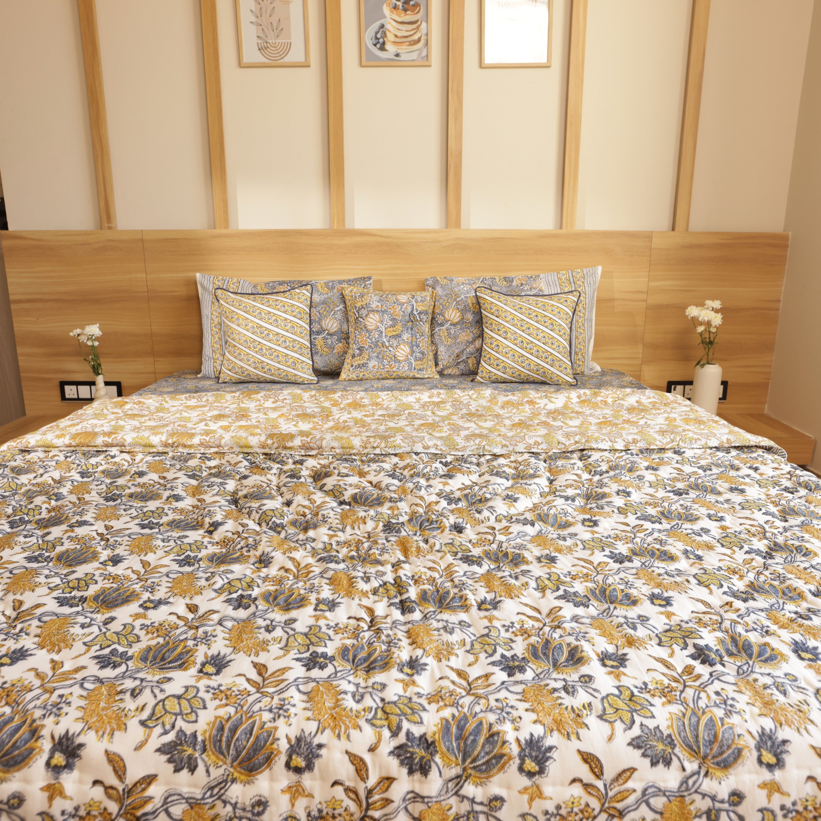 Golden Lotus Bedding Collection Set of 8 (1 Bedcover, 2 Pillow cover, 1 Quilt, 2+2 Cotton cushion covers)