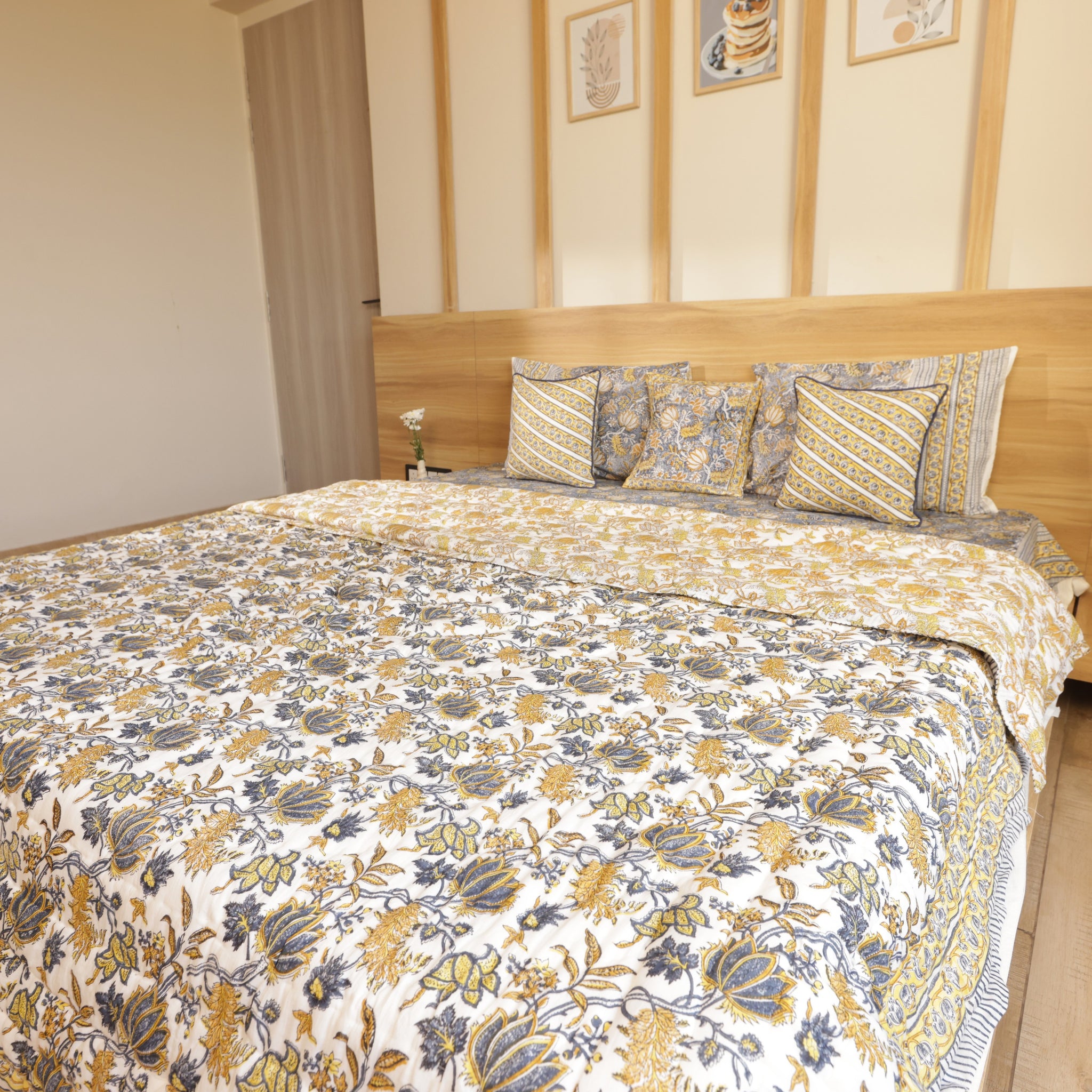 Golden Lotus Bedding Collection Set of 8 (1 Bedcover, 2 Pillow cover, 1 Quilt, 2+2 Cotton cushion covers)