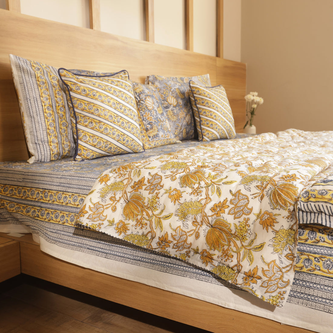 Golden Lotus Bedding Collection Set of 8 (1 Bedcover, 2 Pillow cover, 1 Quilt, 2+2 Cotton cushion covers)