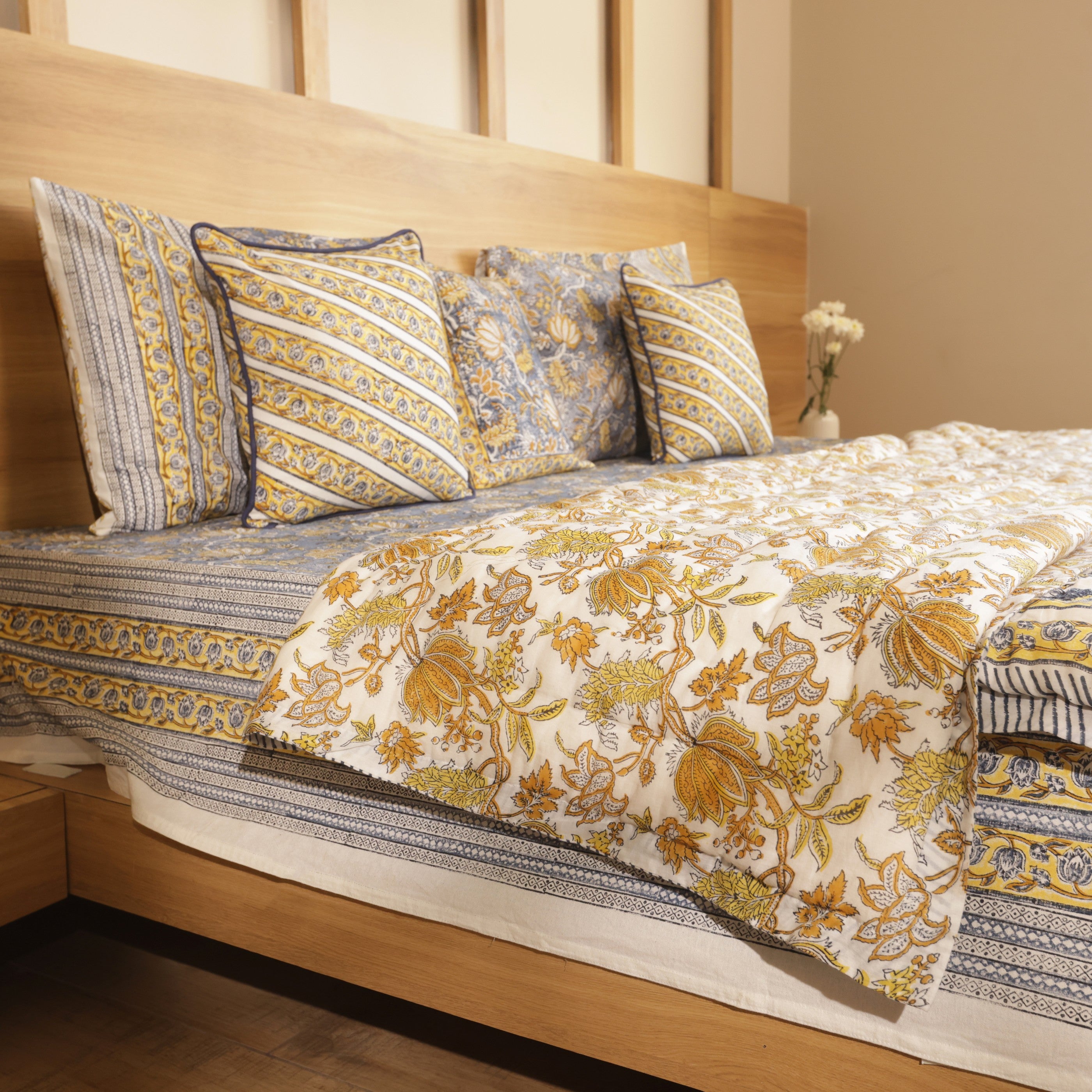 Golden Lotus Bedding Collection Set of 8 (1 Bedcover, 2 Pillow cover, 1 Quilt, 2+2 Cotton cushion covers)