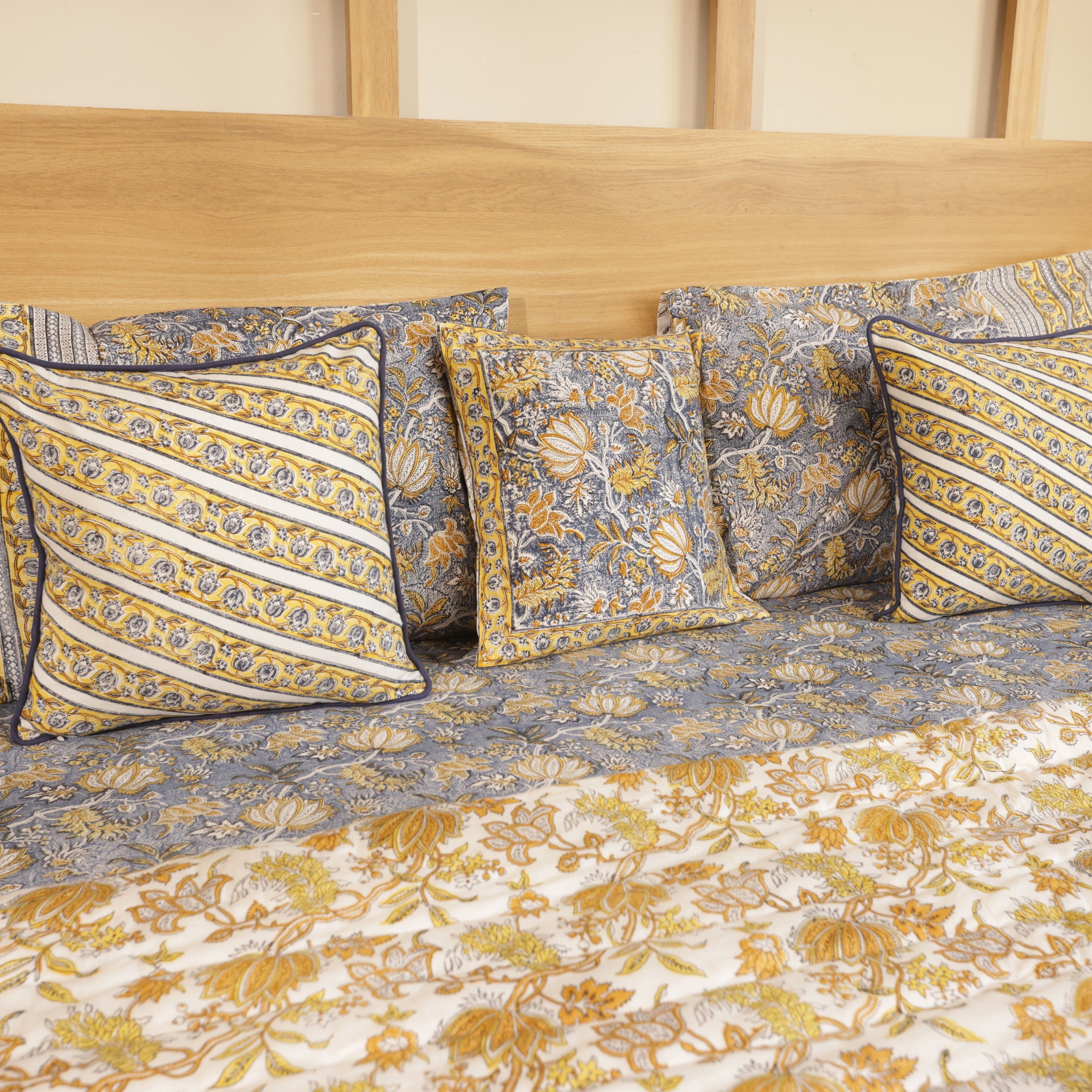 Golden Lotus Bedding Collection Set of 8 (1 Bedcover, 2 Pillow cover, 1 Quilt, 2+2 Cotton cushion covers)