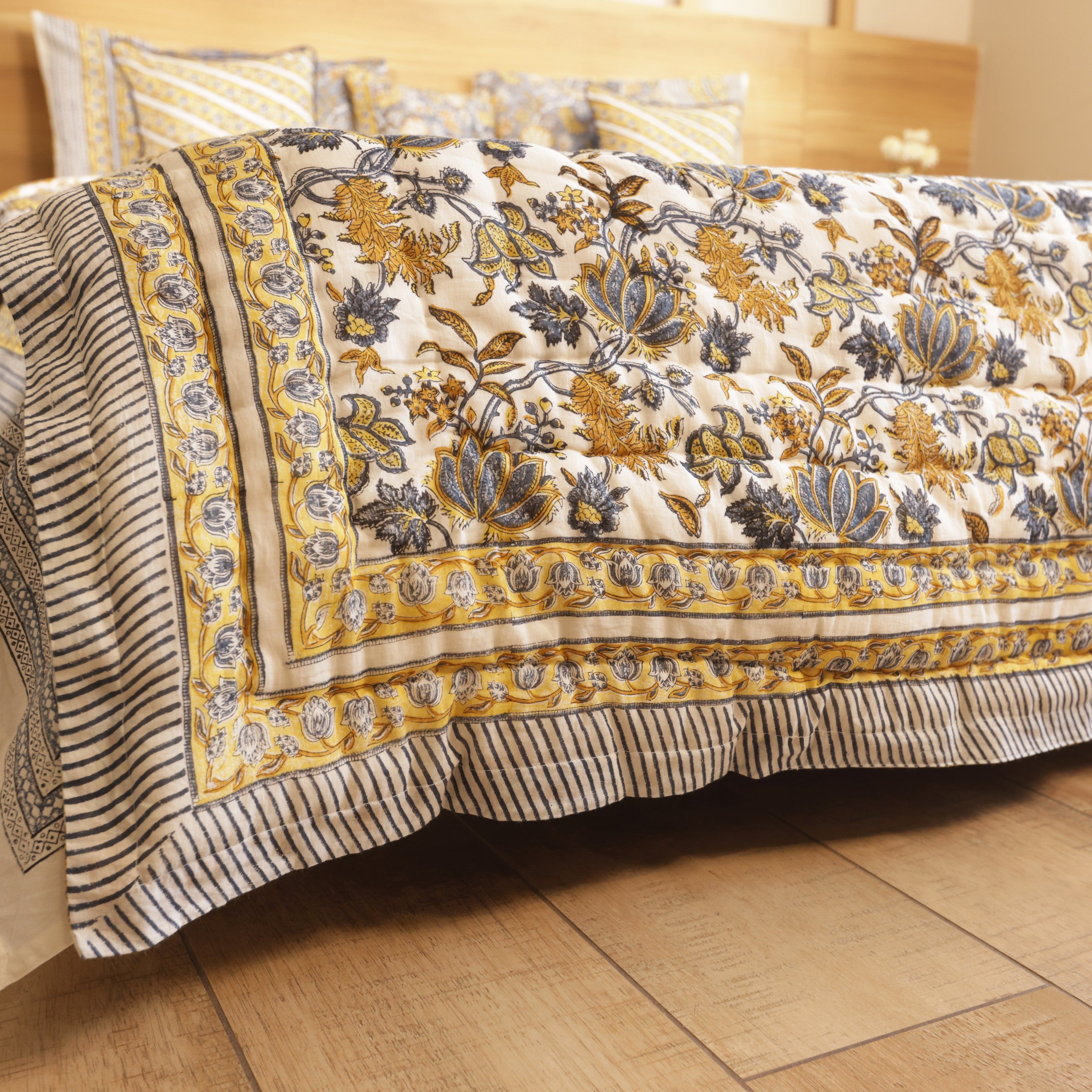 Golden Lotus Bedding Collection Set of 8 (1 Bedcover, 2 Pillow cover, 1 Quilt, 2+2 Cotton cushion covers)