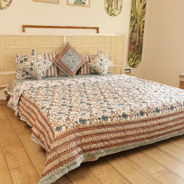 Sugandhika Bedding Collection Set of 7 (1 Bedcover, 2 Pillow cover, 1 Quilt, 2 Cotton cushion covers 40cm*40cm, 1 cushion cover 50cm*50cm)