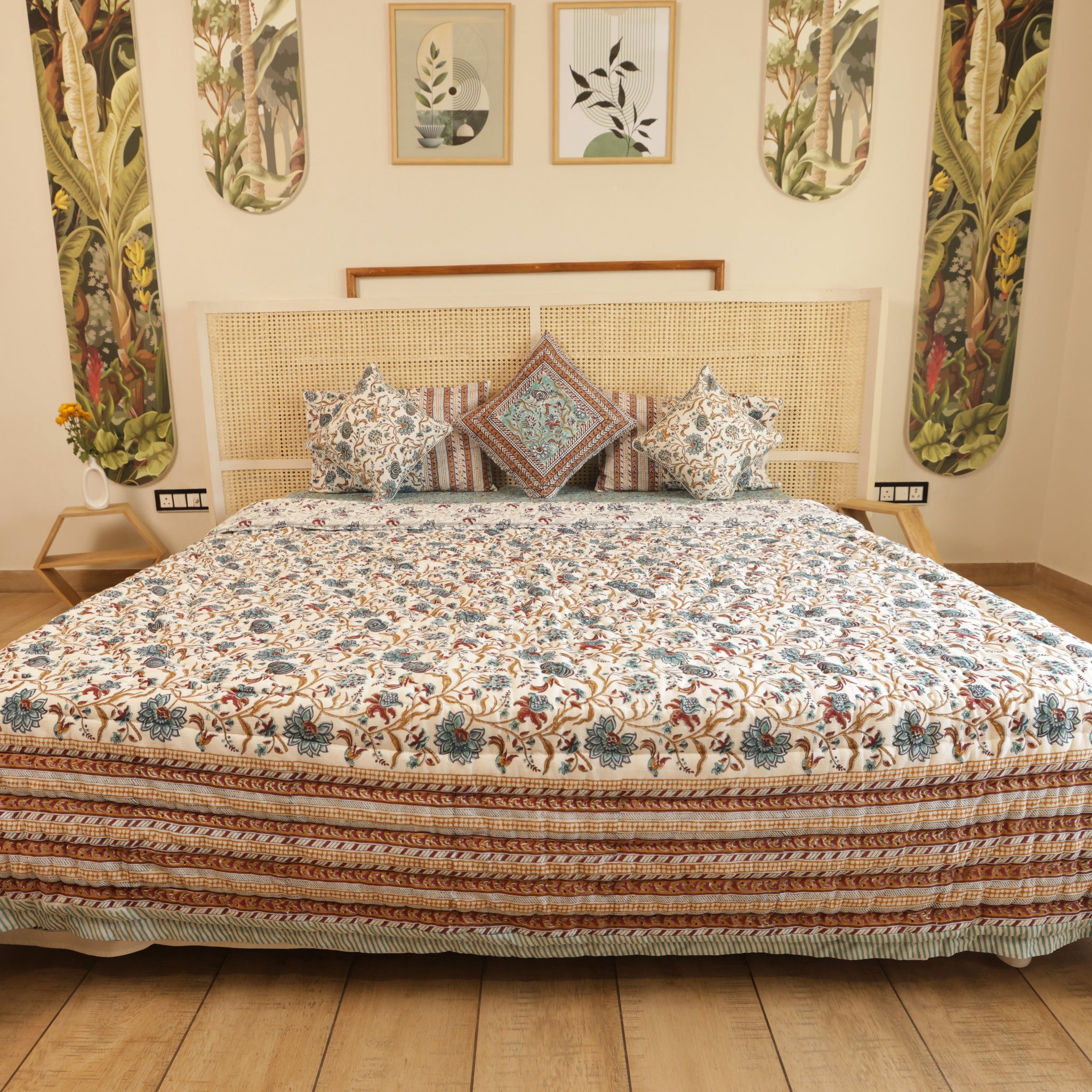 Sugandhika Bedding Collection Set of 7 (1 Bedcover, 2 Pillow cover, 1 Quilt, 2 Cotton cushion covers 40cm*40cm, 1 cushion cover 50cm*50cm)