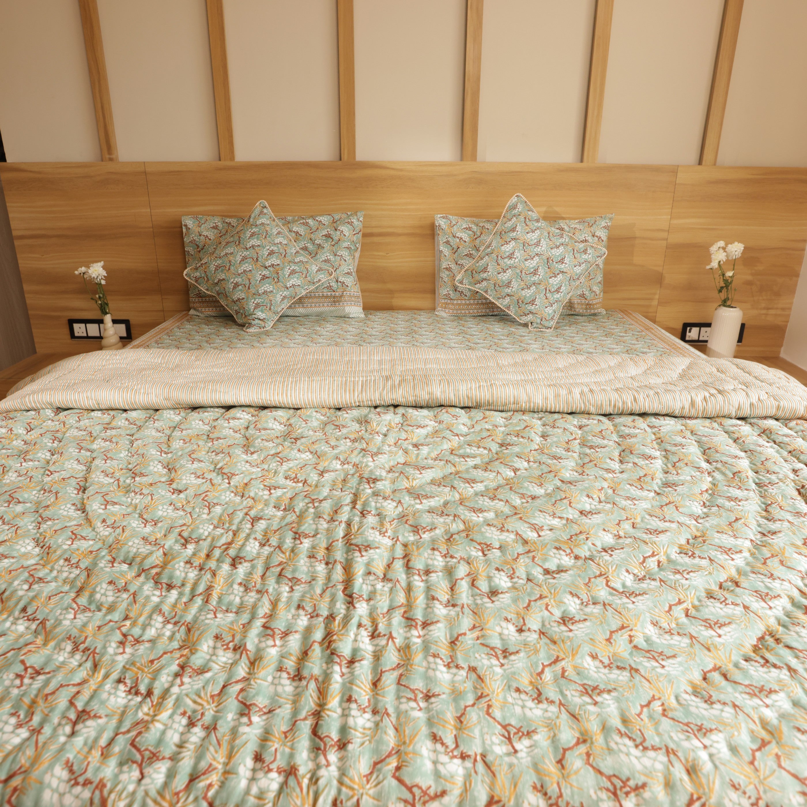 Gulmohar Bedding Collection Set of 6 (1 Bedcover, 2 Pillow cover, 1 Quilt, 2 Cotton cushion covers)