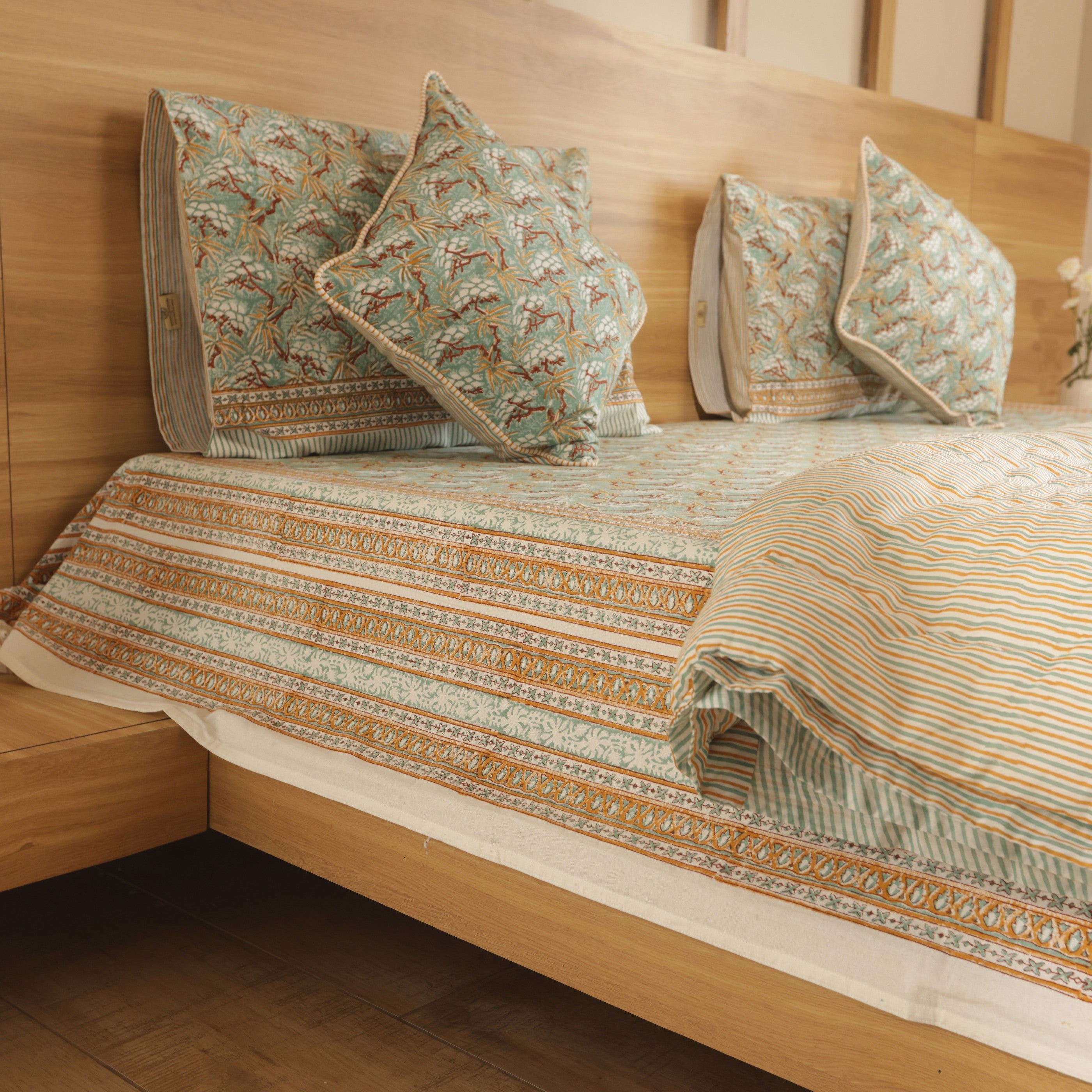 Gulmohar Bedding Collection Set of 6 (1 Bedcover, 2 Pillow cover, 1 Quilt, 2 Cotton cushion covers)