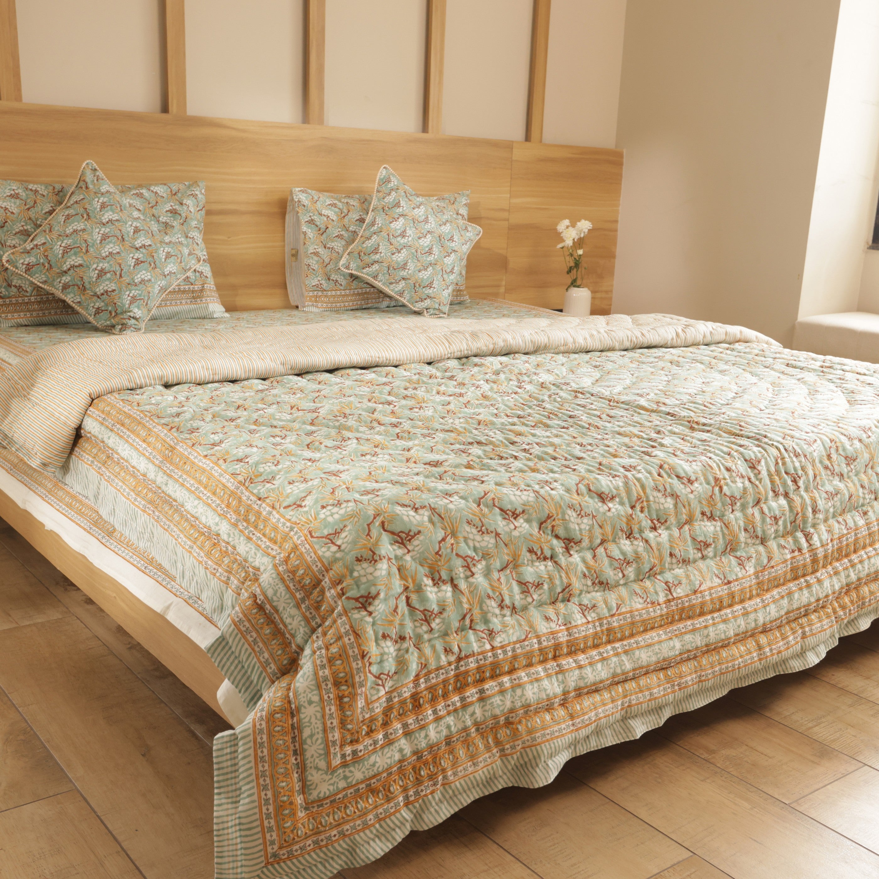 Gulmohar Bedding Collection Set of 6 (1 Bedcover, 2 Pillow cover, 1 Quilt, 2 Cotton cushion covers)