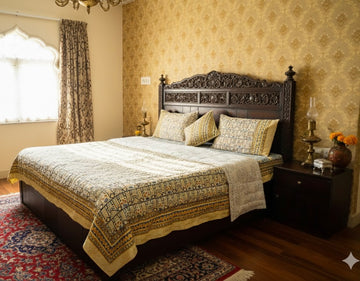 Tribal Bloom Bedding Collection Set of 8  (1 Bedcover, 2 Pillow cover, 1 Quilt, 2 Cotton cushion covers, 2 Linen Cushion covers)