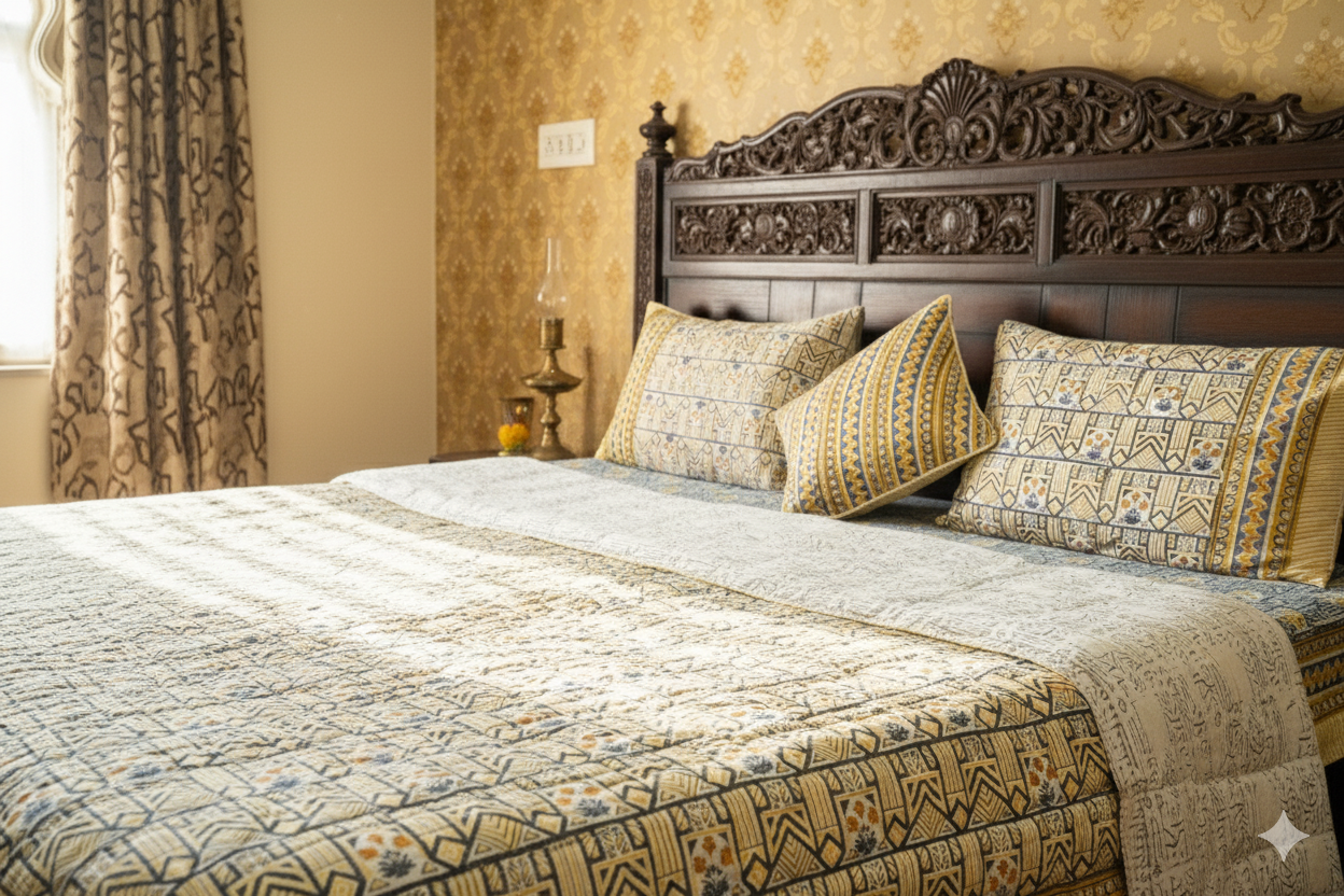 Tribal Bloom Bedding Collection Set of 8  (1 Bedcover, 2 Pillow cover, 1 Quilt, 2 Cotton cushion covers, 2 Linen Cushion covers)