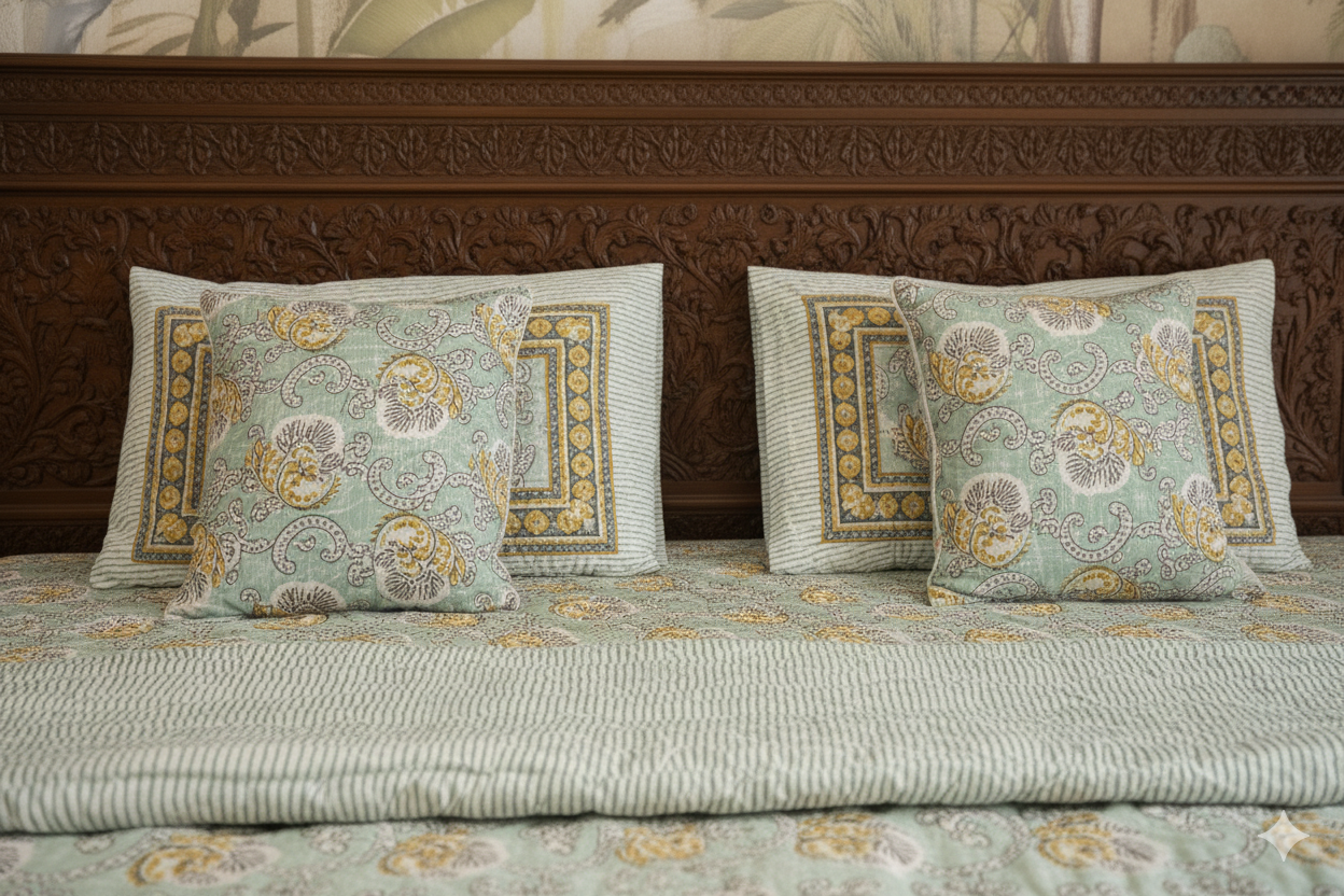 Vintage Breeze Bedding collection Set of 6 (1 Bedcover, 2 Pillow cover, 1 Quilt, 2 Cotton cushion covers)