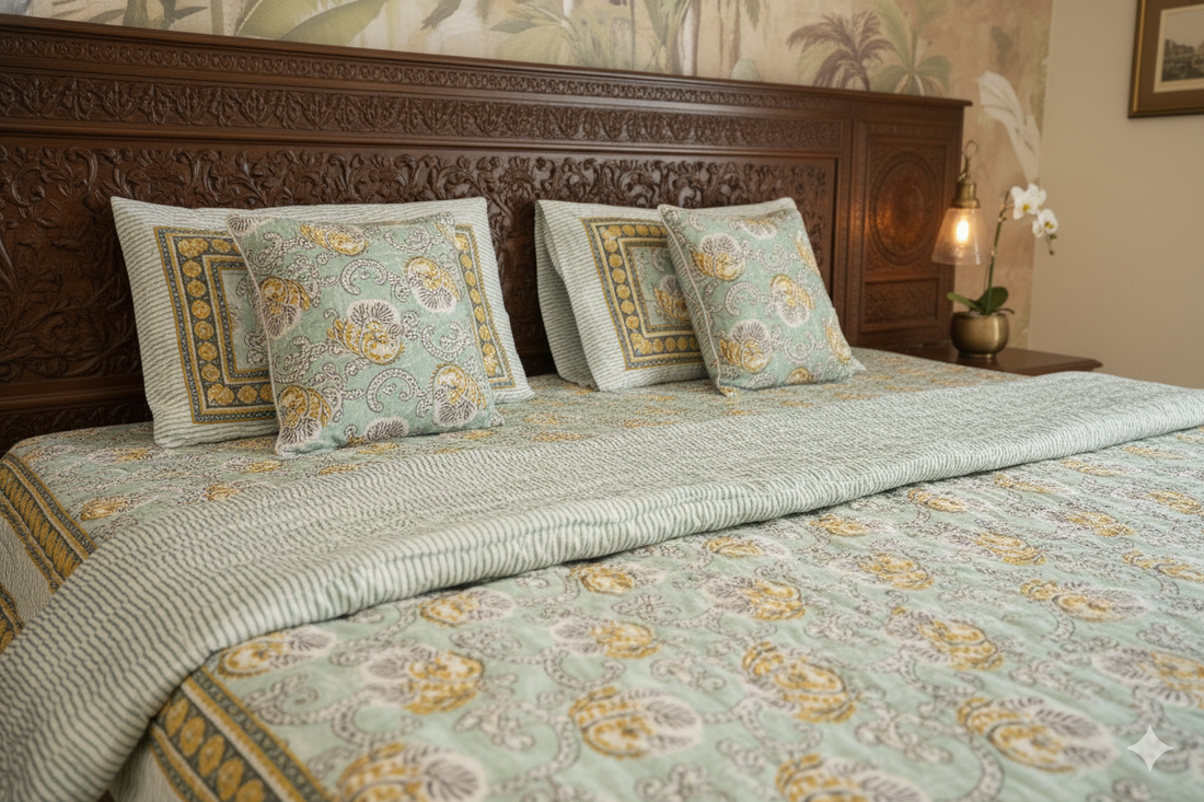 Vintage Breeze Bedding collection Set of 6 (1 Bedcover, 2 Pillow cover, 1 Quilt, 2 Cotton cushion covers)