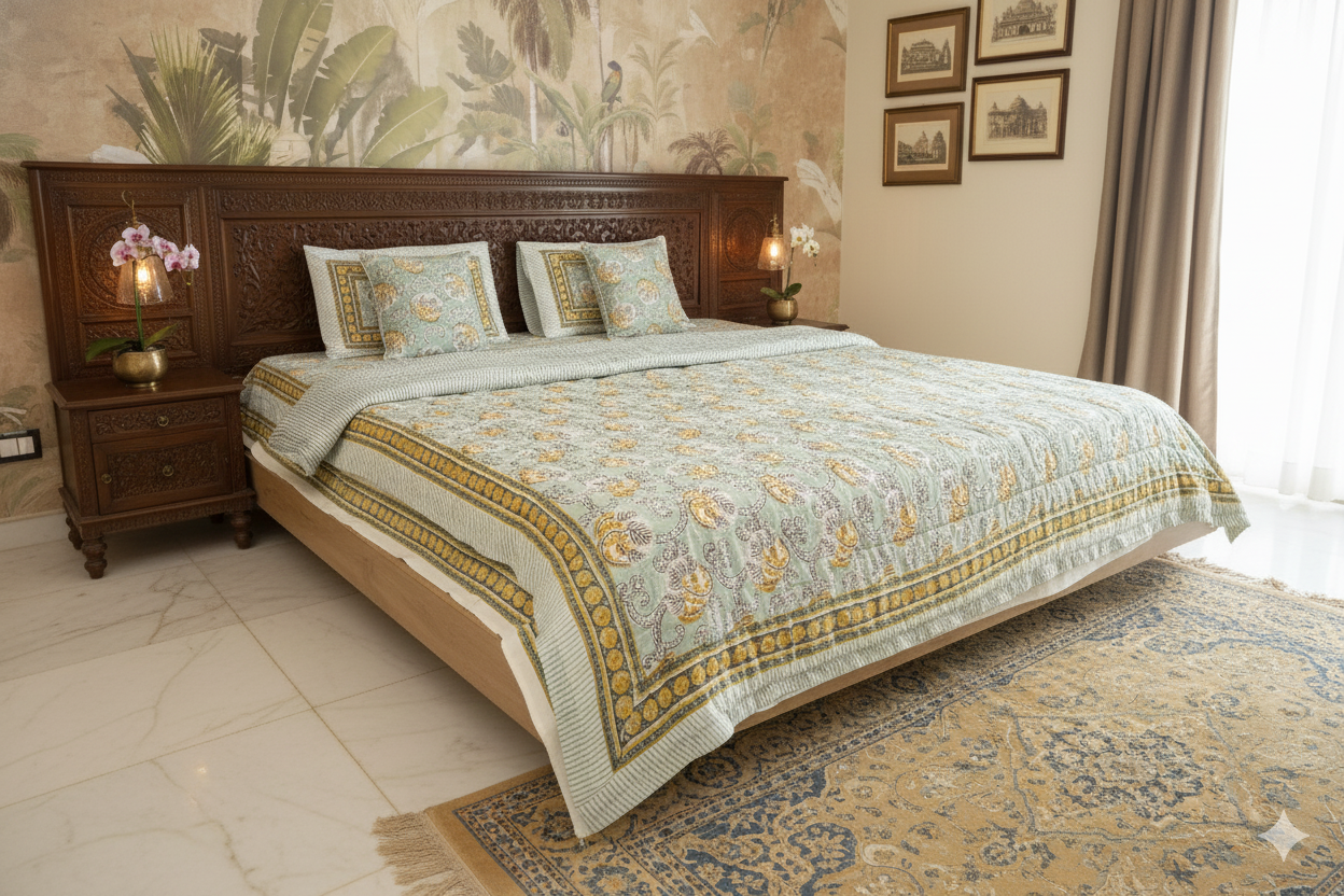 Vintage Breeze Bedding collection Set of 6 (1 Bedcover, 2 Pillow cover, 1 Quilt, 2 Cotton cushion covers)