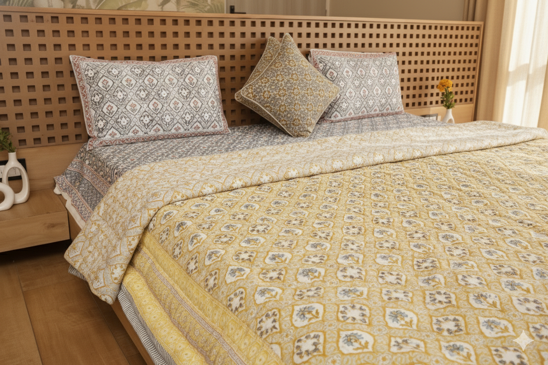 Pushp Bedding Collection Set of 6 (1 Bedcover, 2 Pillow cover, 1 Quilt, 2 Linen cushion covers)