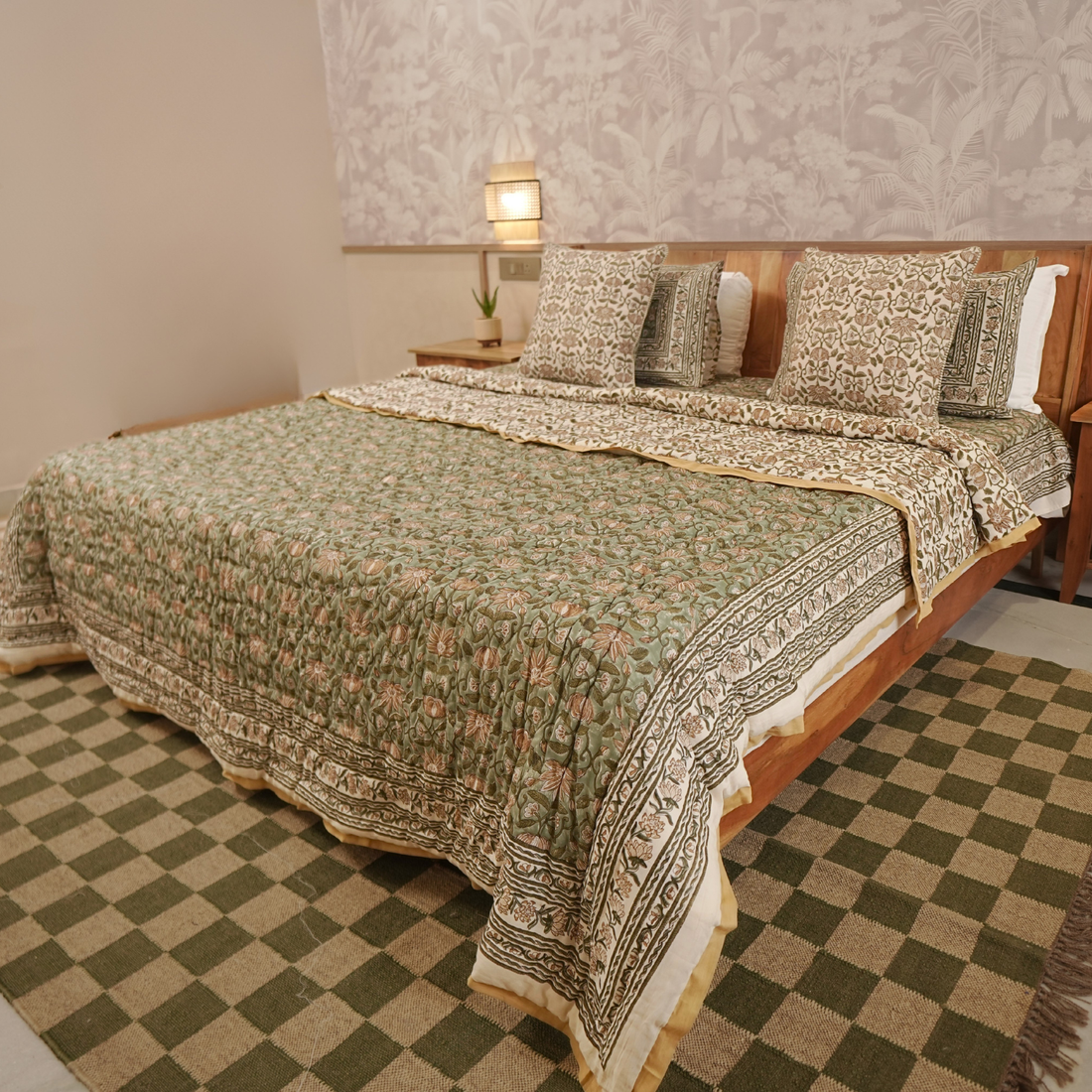 Gulraaz Sea Foam Bedding Collection Set of 6 (1 Bedcover, 2 Pillow cover, 1 Quilt, 2 Cotton cushion covers)