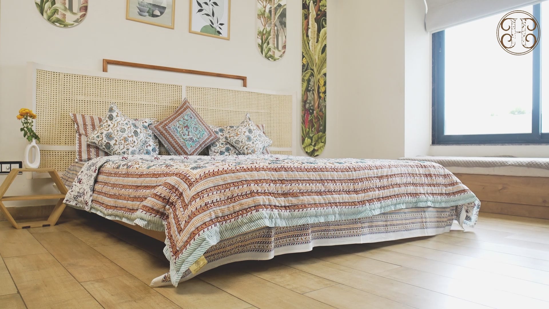 Sugandhika Bedding Collection Set of 7 (1 Bedcover, 2 Pillow cover, 1 Quilt, 2 Cotton cushion covers 40cm*40cm, 1 cushion cover 50cm*50cm)