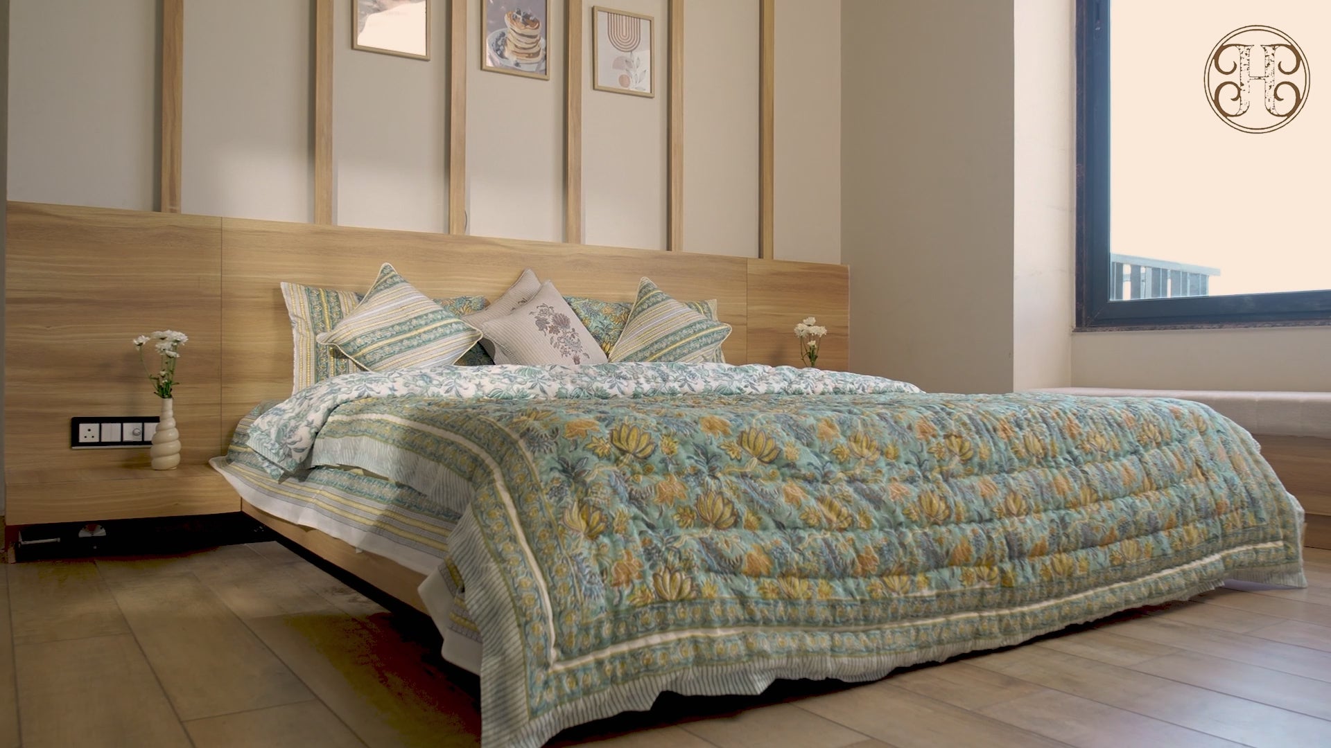 Green Lotus Bedding Collection Set of 8  (1 Bedcover, 2 Pillow cover, 1 Quilt, 2 Cotton cushion covers, 2 Linen Cushion covers)